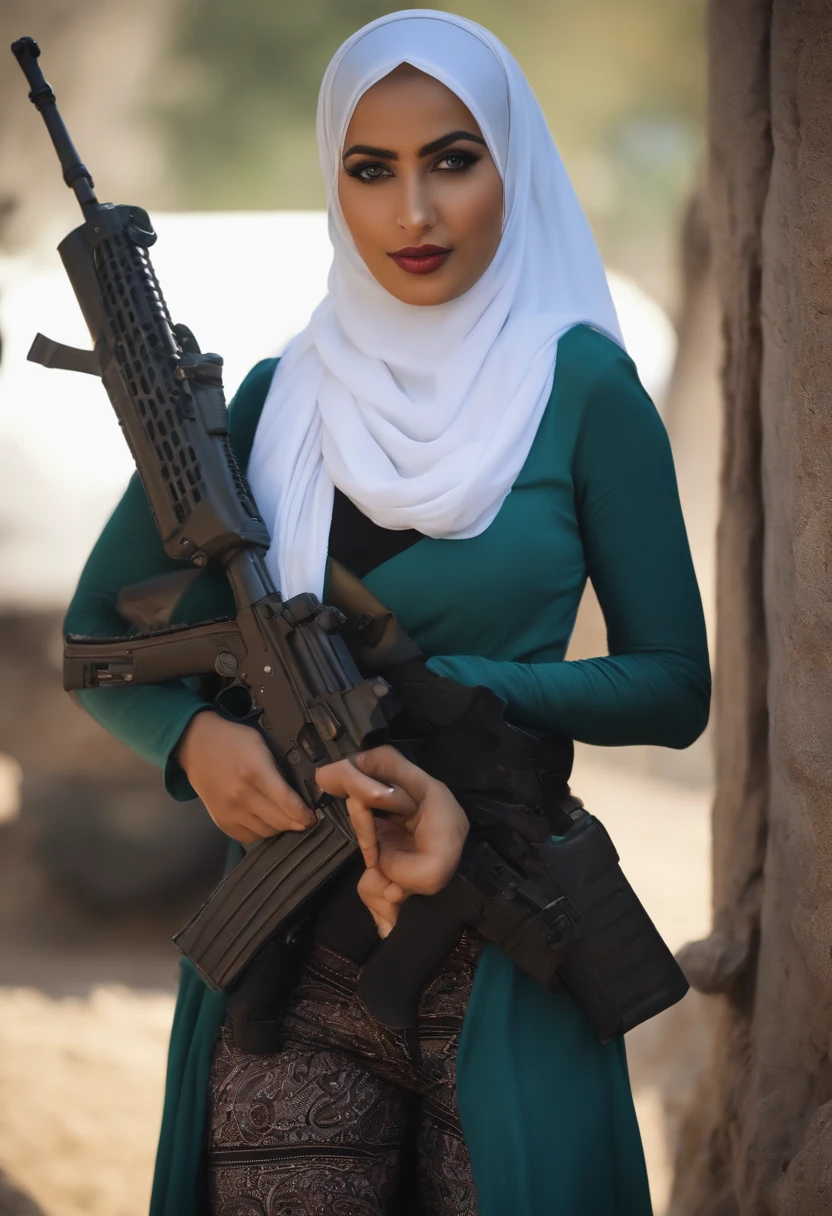palestina girl super hero thigh clotes with hijab using ak47 good hand good finger good atonomy