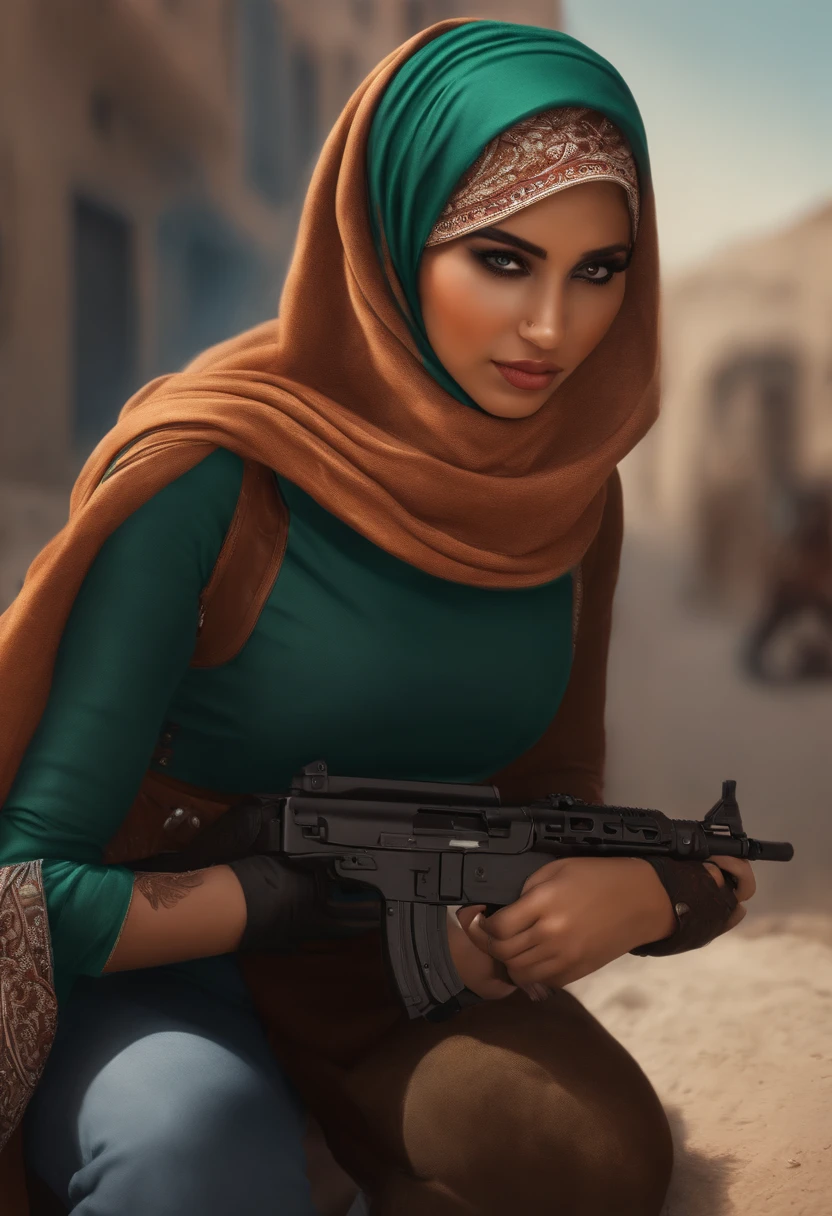 palestina girl super hero thigh clotes with hijab using ak47 good hand good finger good atonomy