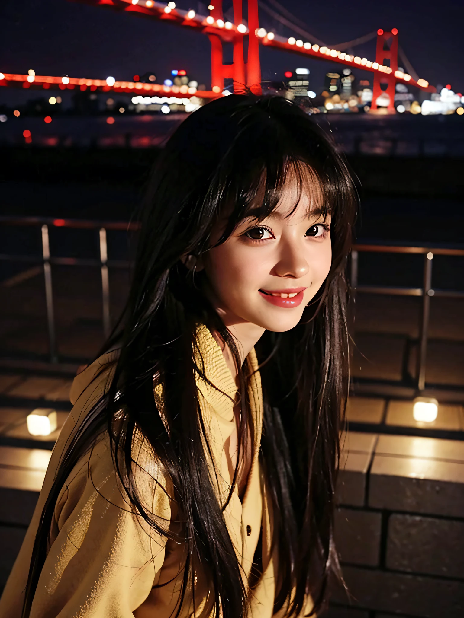 girl with1a person、16Year old girl、cute face、Coquettish smile、a small nose、Lustrous lips、tthin eyebrows、Pretty eyes、Very long black hair、Silky long straight hair、big red ribbon、Beautiful bangs、Delicate figure、parka、long skirt、flered skirt、espadrilles、night view of Tokyo