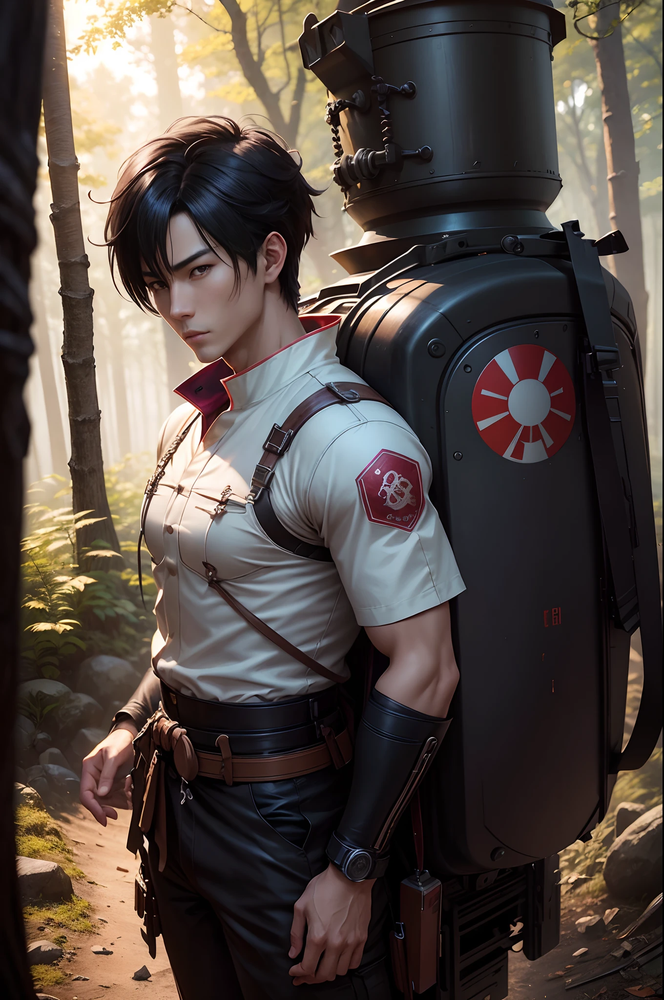 There are Japan young men, Super handsome young Japan man,Soldier costumes and pants,Has a very large Japan sword,Short-haired black hair,Super handsome man,cool,3 d render character art 8 k, wojtek fus, fantasy style 8 k octane render, ross tran 8 k, By Shinkai Makoto ( Apex Legends ), amazing 8k character concept art, badass anime 8 K, artwork in the style of guweiz, trending on artstation 4k,in woods,