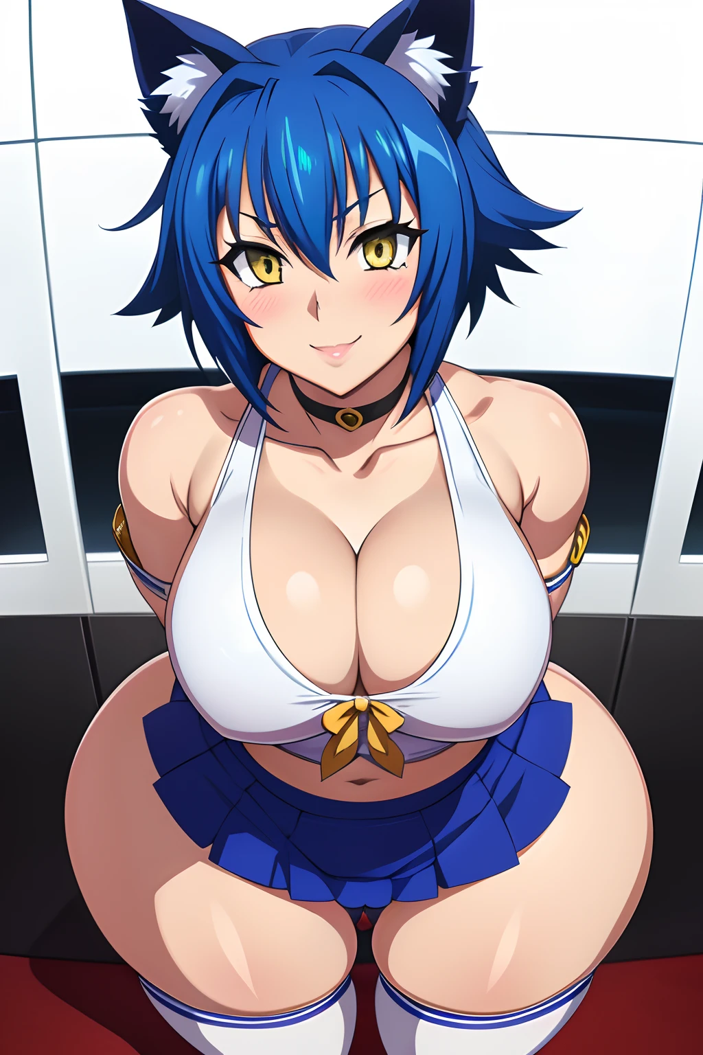 Highschool dxd, Xenovia, 1girl, (((bimbo))), short blue hair, yellow eyes, puffy lips, painted lips, thick lips, cat ears, wide hips, thick thighs, huge ass, erotic Smile face, blushing,  bubble butt, camel toe, Breasts, skirt, white top, posing, crossed arms, picture from above, hand signs