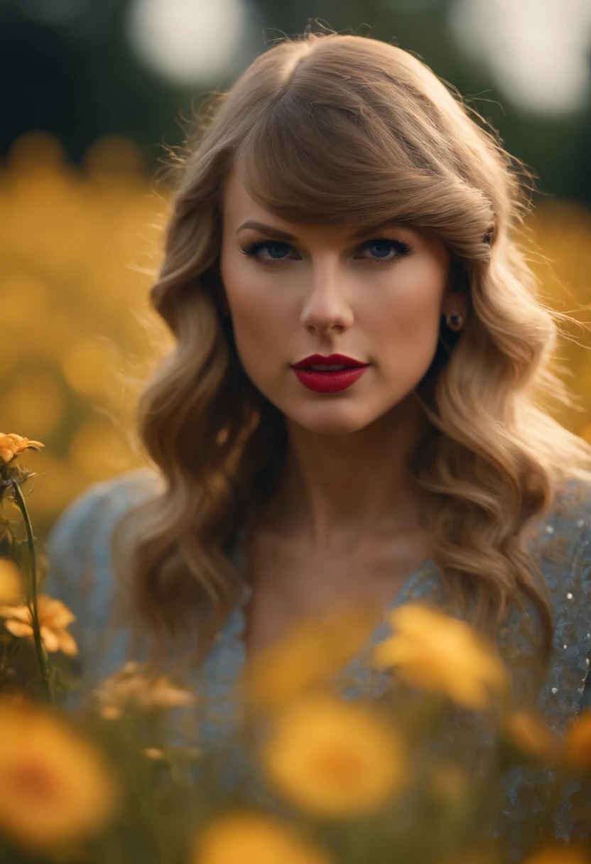taylor swift looking off into the distance in a field of flowers.
