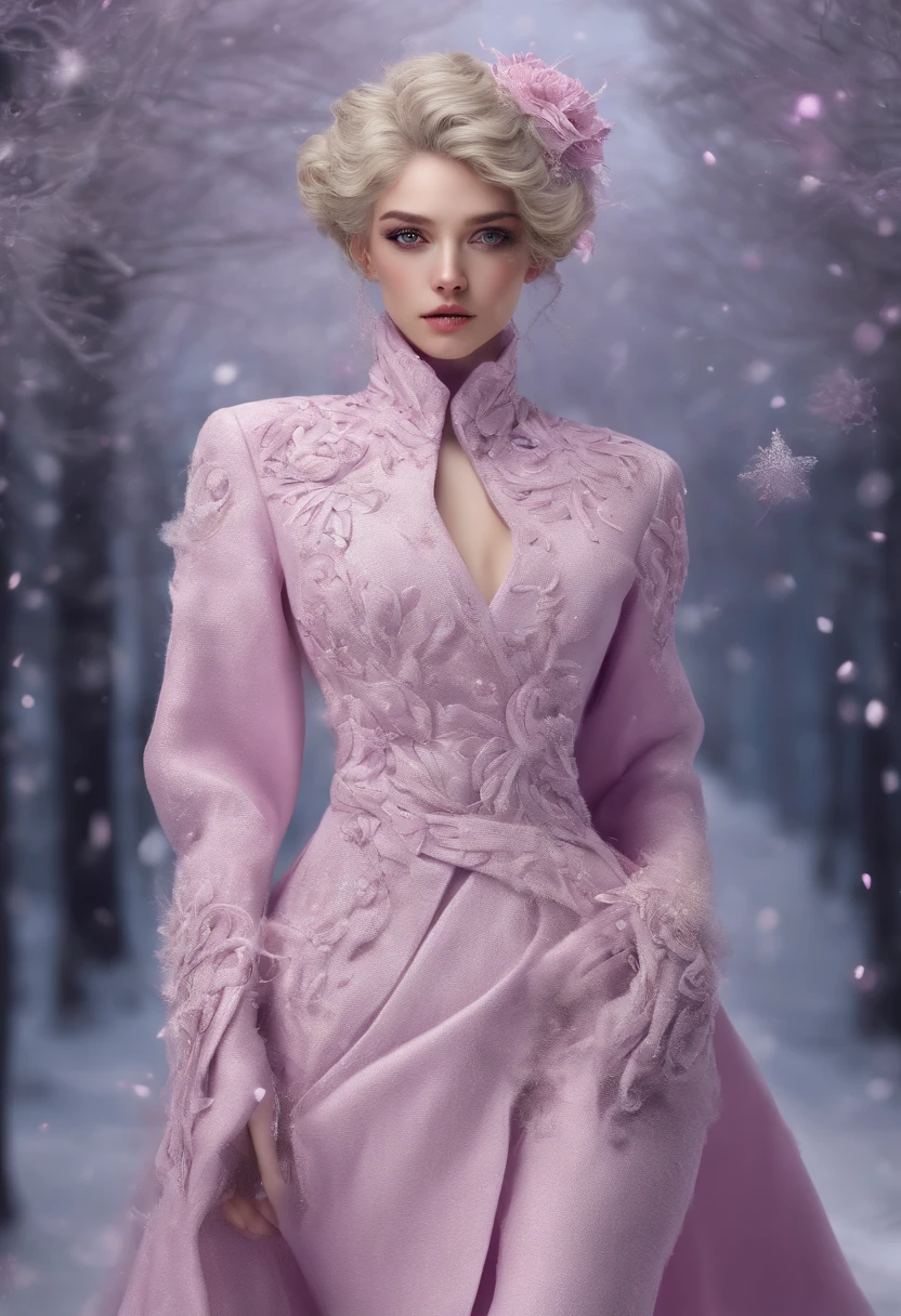(Winter haute couture show), (full bodyesbian),Senior model,(Silver hair fluttering:1.2),dressed in( purpleish color,purpleish color,in pink,in pink),Wool felt texture,( purpleish color,purpleish color,in pink,in pink)(High-grade cashmere)(Large sweater),(coat large),(Robe), (Multi-layer composite skirt), hyper HD, Masterpiece, Charming eyes,Anatomically correct, Textured skin, Super detail, Award-Awarded, Best quality, 8K
background: snowflower,
Distant view, Catwalk, Realistic, Fantasyart,inside in room:Catwalk scene, (((Runway scene))), (Snowflakes in the background)