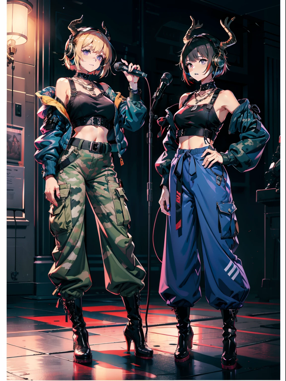 Woman in purple costume holding microphone、It has horns like sheep、Wearing a necklace、Wearing headphones in your ears、hard rock、Wearing a camisole、Black belt camouflage pattern pants、Little devil composition、short-cut、Jacket with sleeves、Shoulder out、Wear long boots that show the navel、Paleo wearing、singers、Double teeth are visible、Wide pants、Glamorous、Muchimuchi、hiquality、livestream、Baggy pants, in military uniform, Large pants, army, Wear cargo pants, Wearing camouflage, High-waisted sweatpants
