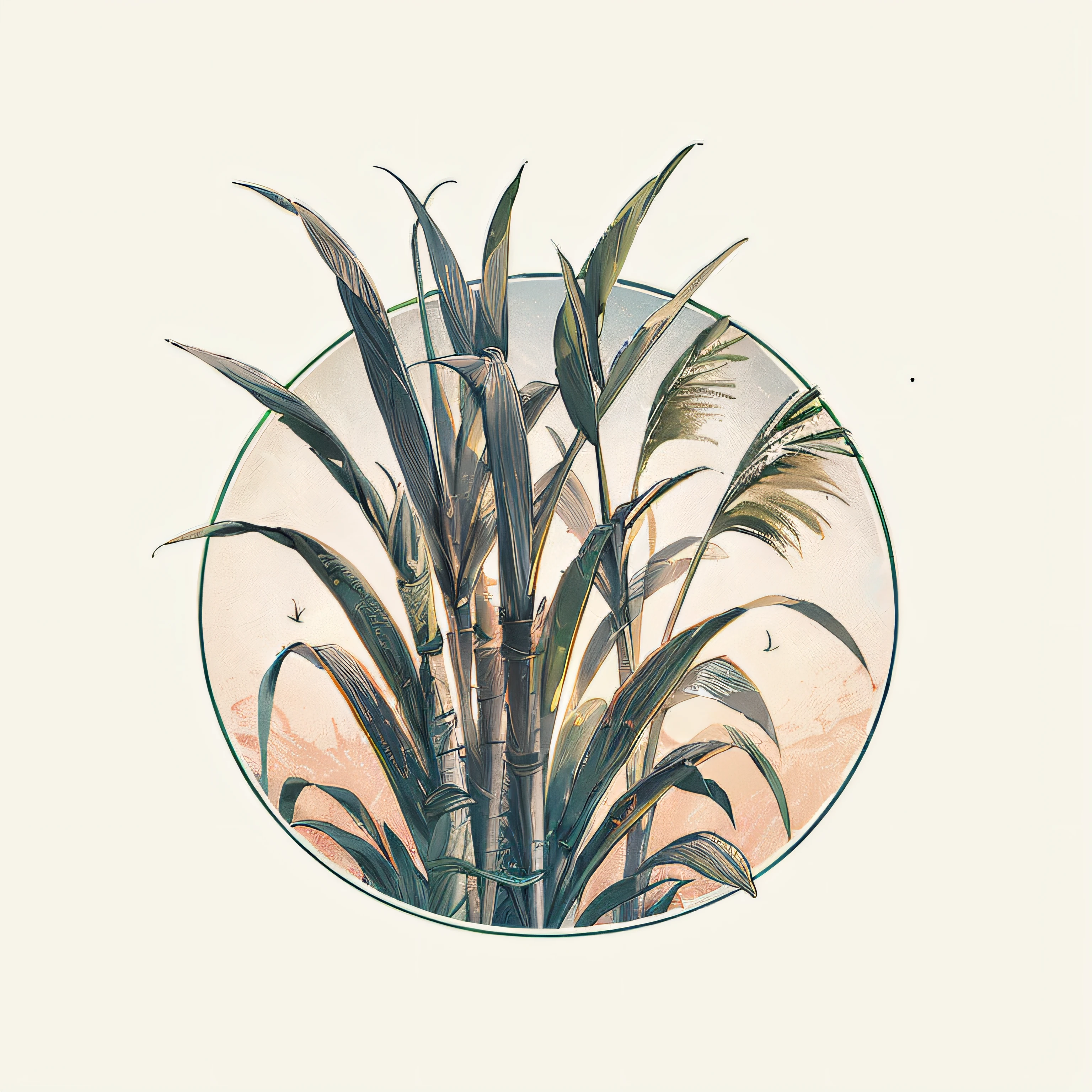 there is a picture of a plant with a bird in the background, art deco nature, detailed digital illustration, in style of digital illustration, palm, palms, 3d grainy aesthetic illustration, low detailed. digital painting, high detail illustration, jen bartel, matte digital illustration, symmetrical digital illustration, highly detailed illustration, digital illustration