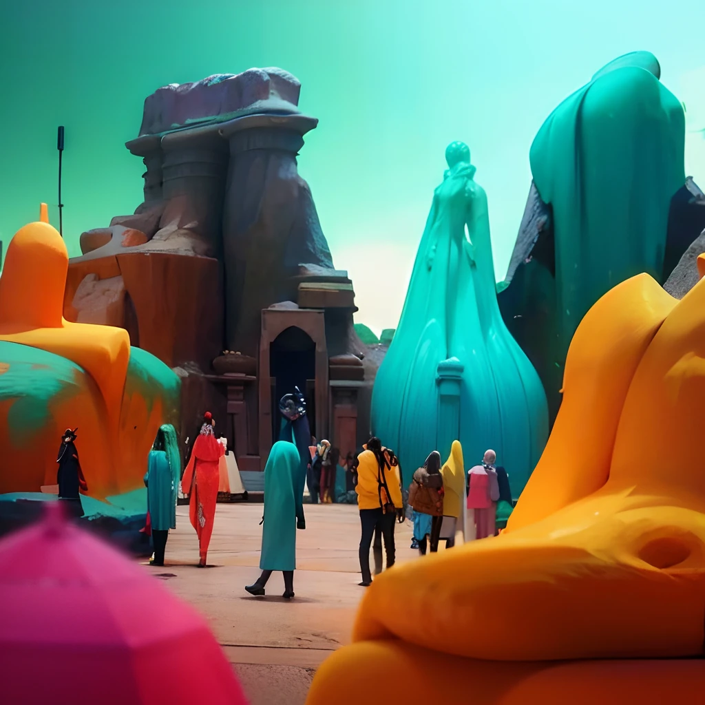 Weird eclectic style color interior with anime art and sculptures and fountains . Models wearing weird fashion.