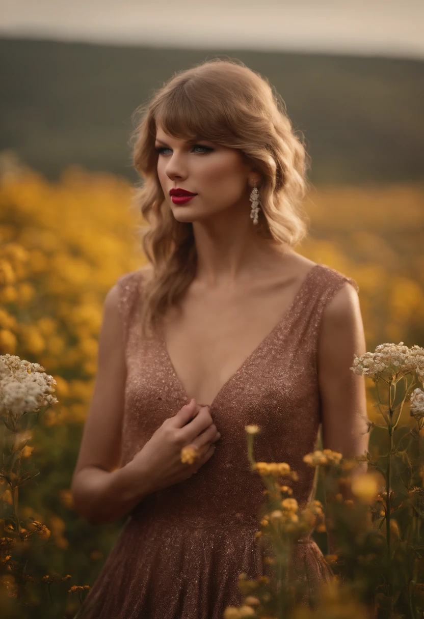 taylor swift looking off into the distance in a field of flowers.