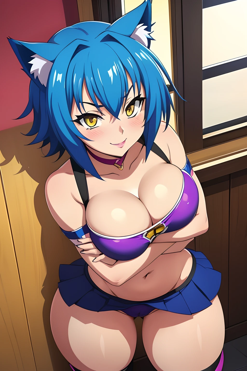 Highschool dxd, Xenovia, 1girl, (((bimbo))), short blue hair, yellow eyes, puffy lips, painted lips, thick lips, cat ears, wide hips, thick thighs, huge ass, erotic Smile face, blushing, bubble butt, camel toe, Breasts, skirt, white top, posing, crossed arms, picture from above,