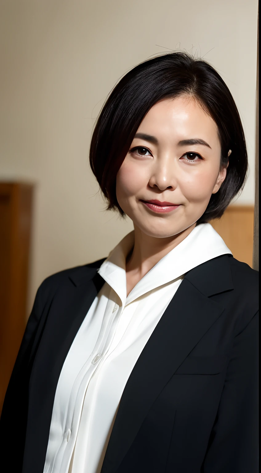 ((top-quality、8K、masterpiece:1.3))、Photorealsitic, foco nítido, high-level image quality, hight resolution, Portrait, Solo, japanes, Middle-aged woman, Beautie, full body Esbian、47 years old, Shorthair, Wrinkles at the corners of the eyes, s Office,Black suit
