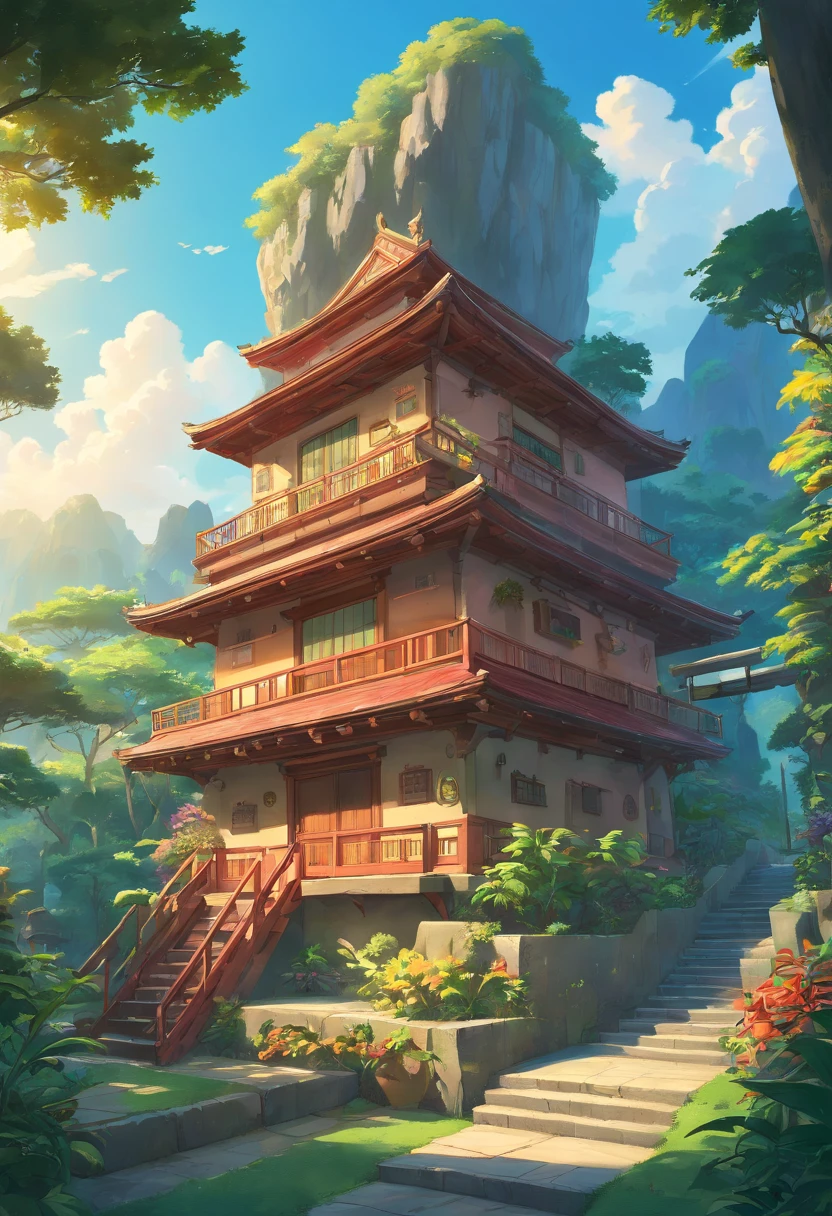 an exterior small bulding design for praying, open to outdoor, 50 m2 area, located in indonesia, have tropical landscape & marian cave, 85mm, f1.8, portrait, photo realistic, hyperrealistic, orante, super detailed, intricate, dramatic, sunset lighting, shadows, high dynamic range