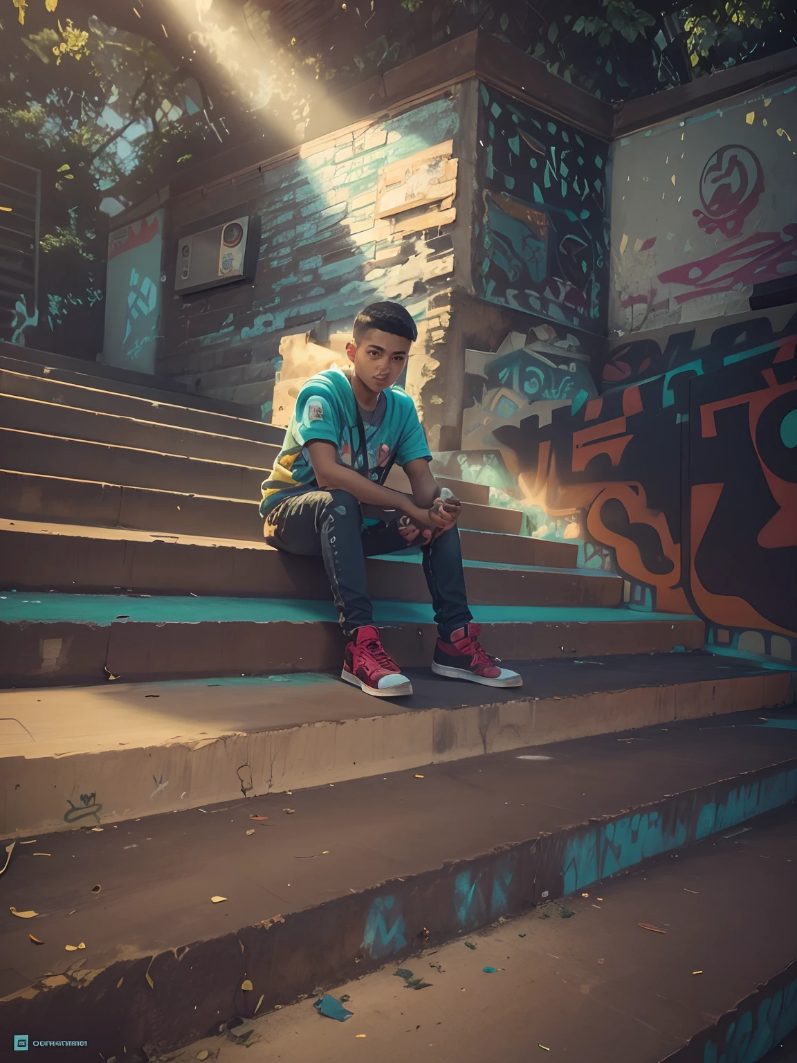 Graffiti wall, stairway, natural background, Lighting
