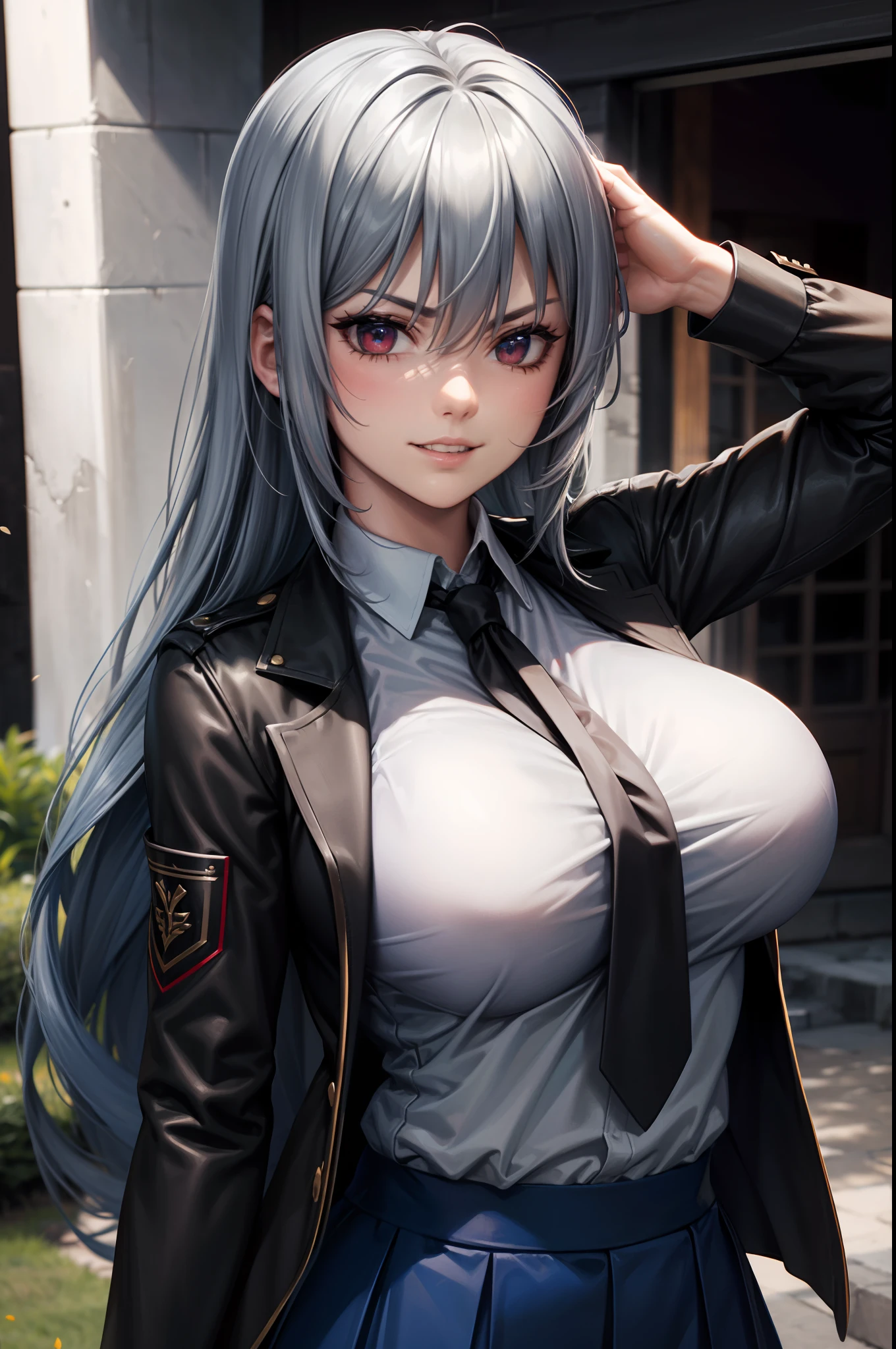(best quality, high resolution, photo-realistic:1.37),ultra-detailed,blue-silver hair,red eyes,intense gaze,black uniform,skirt,grassland, standing posture,best quality,super detailed,1 girl,long braided hair,parted bangs sideways,big breasts,looking,shy smile,(sinister:1.2),shirt,side lock,solo,white shirt,black tie,non-transparent chest).