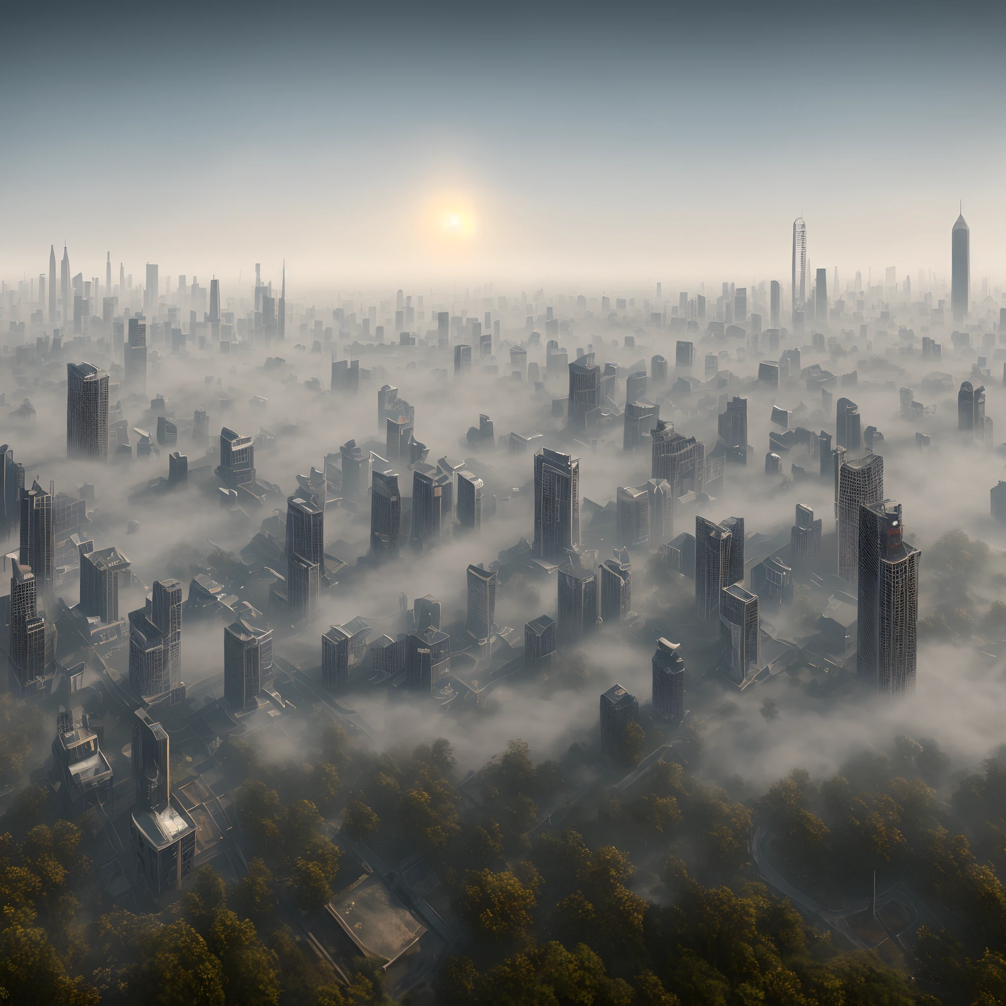 Abandoned metropolitan city hyper realistic and hyper dense with fog tall ruined buildings 8k quality image