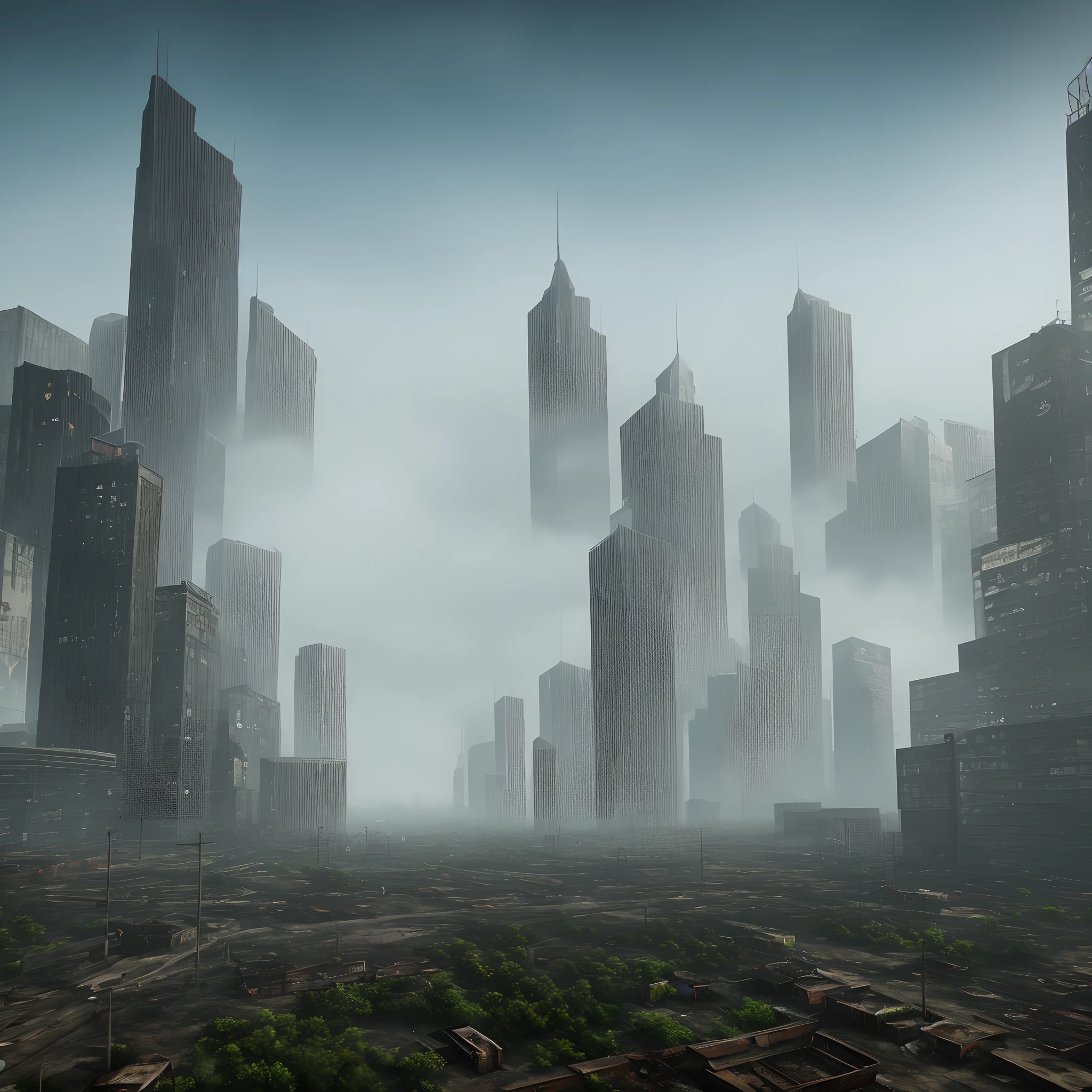 Abandoned metropolitan city hyper realistic and hyper dense with fog tall ruined buildings 8k quality image