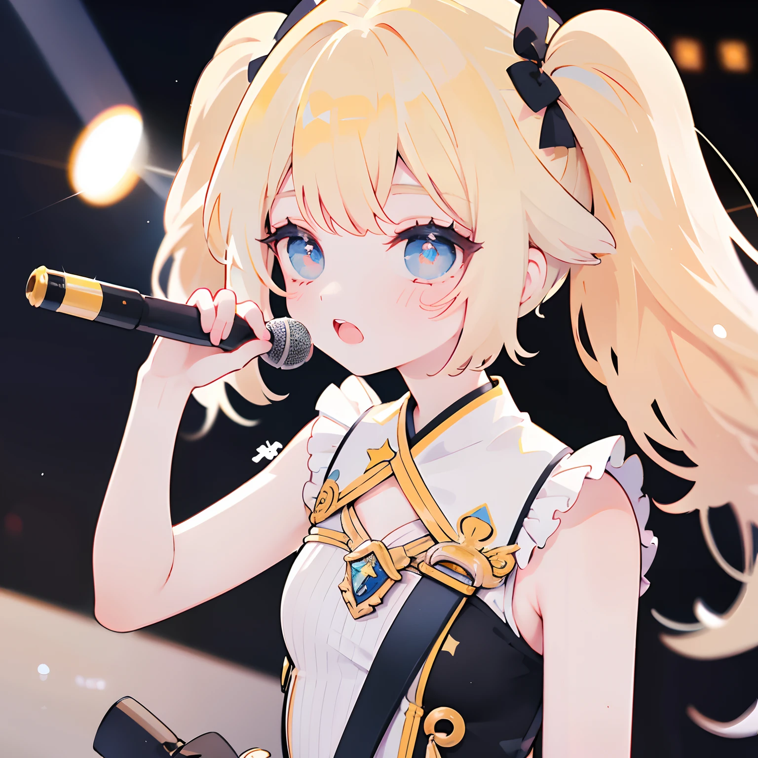 1 girl in, Long, a blond, Twin-tailed, Idol, Point here, holding the mic, Singing, Focus on the upper body,