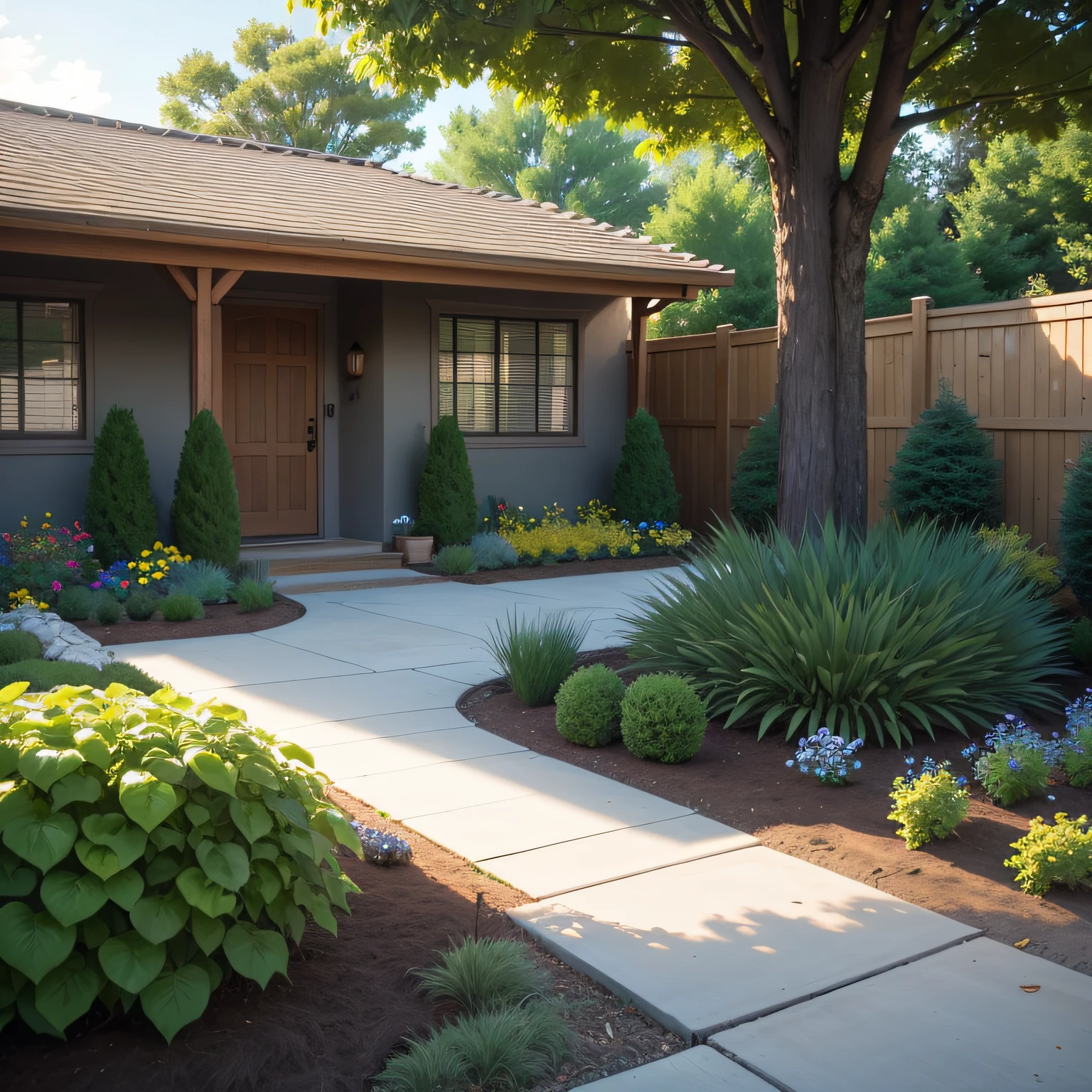 Front yard low maintenance landscape design with Drip Irrigation System and Rain Barrels