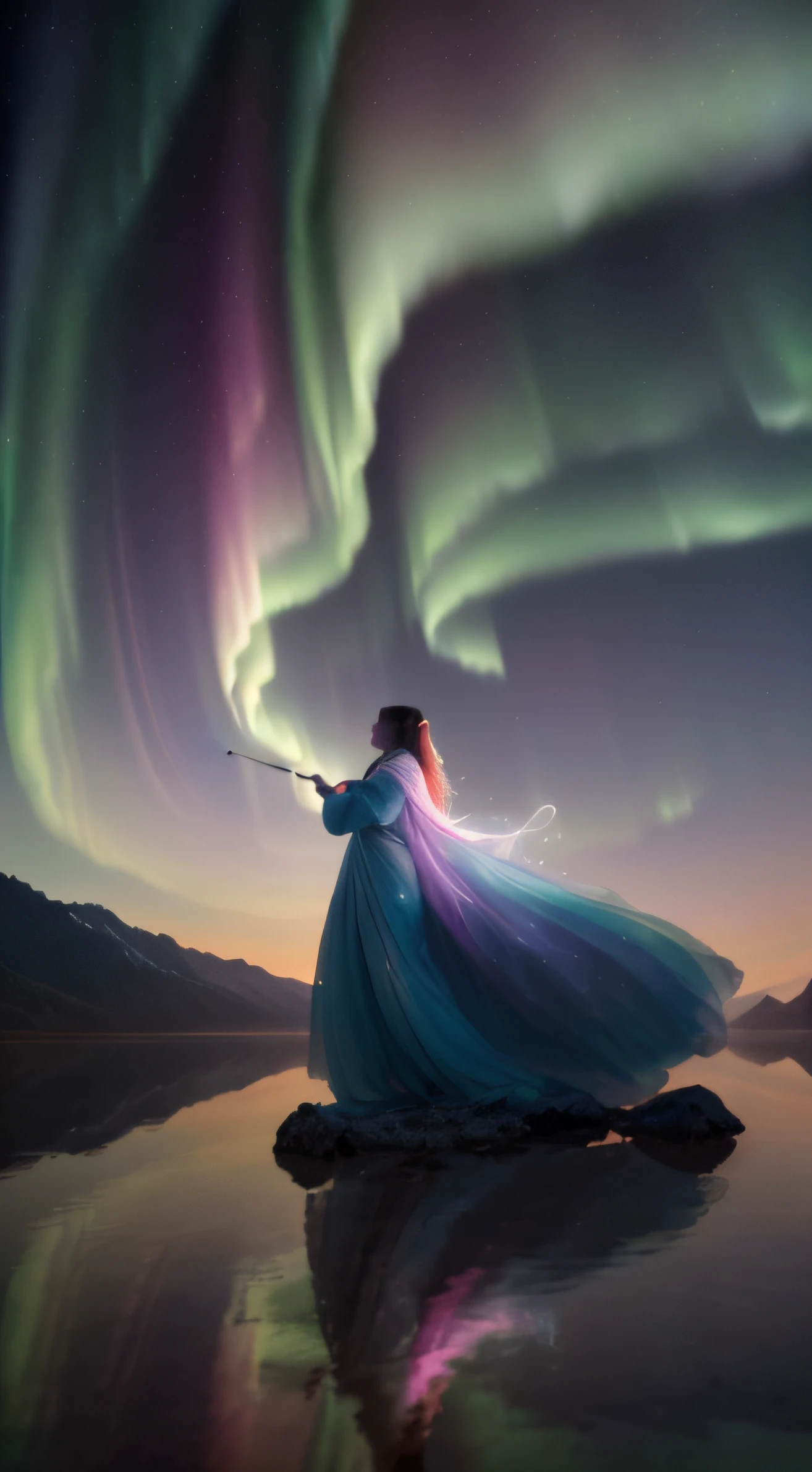 (best quality, 4k, 8k, highres, masterpiece: 1.2) ultra-detailed, (realistic, photorealistic, photo-realistic: 1.37) A woman holds a magic wand from which aurora borealis emerge, towards the sky. (vibrant colors, ethereal atmosphere, beautiful sky, dancing lights, mesmerizing colors, heavenly show, strange glow, enchanted forest, serene and surreal atmosphere, mystical and heavenly lights, peaceful and serene, serenity and tranquility, art of nature)