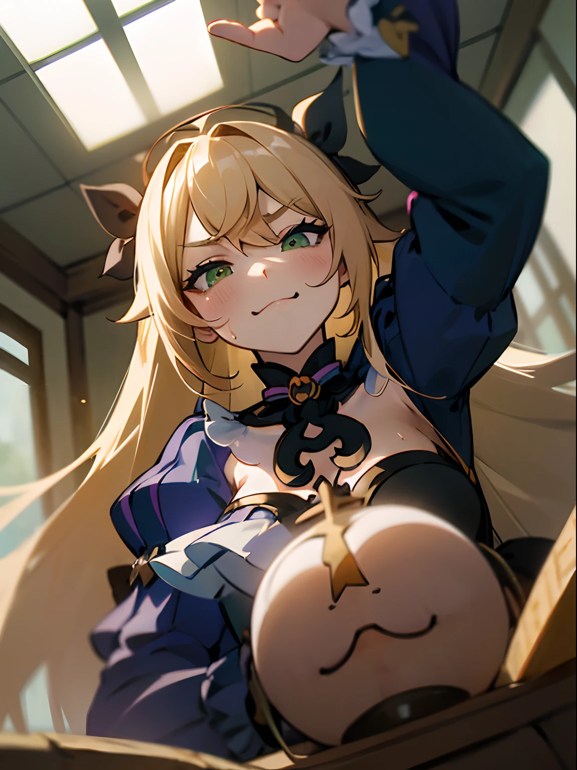 Masterpiece, best quality, highest quality, perfect face, beautiful girl, giantess, anime giantess, fischl, genshin impact, giantess fischl, blonde hair, perky breasts, medium chest, viewed from below, chuunibyo, low angle, green eyes, purple and black outfit, giantess, indoors, inside, wearing makeup, ant’s eye pov, looking down at viewer, smug, leaning towards viewer, bulging breasts, excited, sweat, long hair, half up half down hair, two strands of hair tied up, fischl genshin impact, fischl genshin, giantess, anime giantess