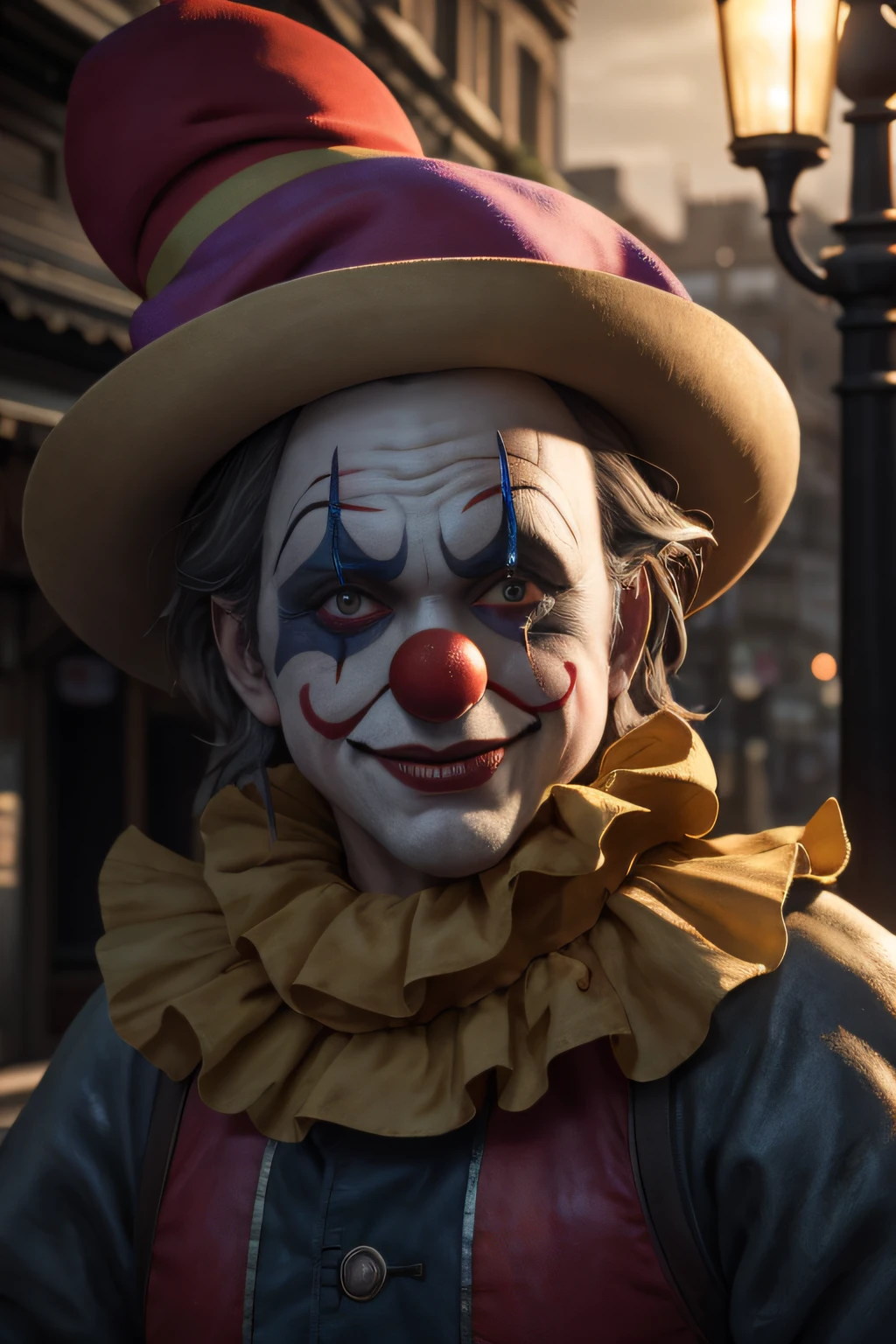 Clown, , Realstic, dynamic lights, vieux, chaume gris, pleine prise de vue, (Extremely detailed CG unity 8k wallpaper), tendance sur ArtStation, tendance sur CGSociety, High Detail, mise au point nette, dramatique, photoreallistic