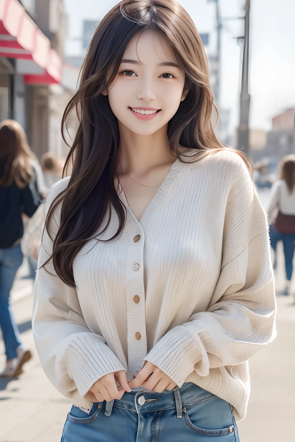 (Best quality,4K,8K,A high resolution,Masterpiece:1.2), Ultra-detailed, (Realistic, Photorealistic, photo-realistic:1.37), Vivid colors, Studio lighting, hdr, hyper HD, Physically-based rendering, Extreme detail description,
1girll, Beautiful detailed eyes, beautiful detailed lips, Extremely detailed eyes and face, Long eyelashes,
mediating: Digital painting,
Portrait, Korean girl,
wear: knitwear, denim pant,
On the streets,
Under the sun,
Pure and beautiful,
Good body proportions,
looks into camera,
Long white hair,
Smile