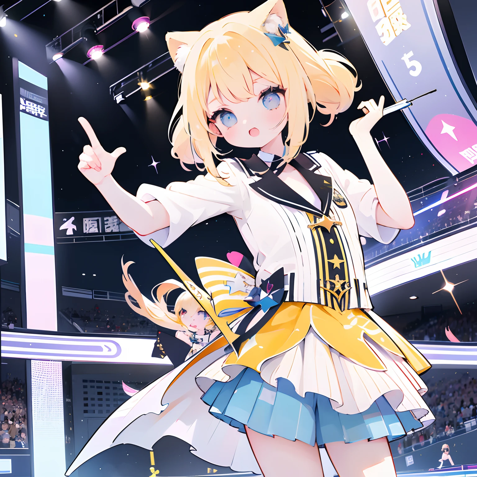 high quality, 最high quality, High resolution, masterpiece, 最高masterpiece, 8k, A cat wearing a cat idol costume, On live stage, Not personified, 前足2Book, Hind legs2Book, Stand in front of a microphone