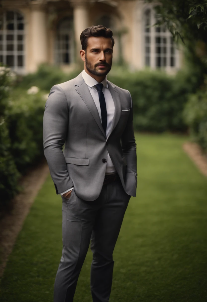 30 year old man wearing gray suit, handsome, portrait, garden background