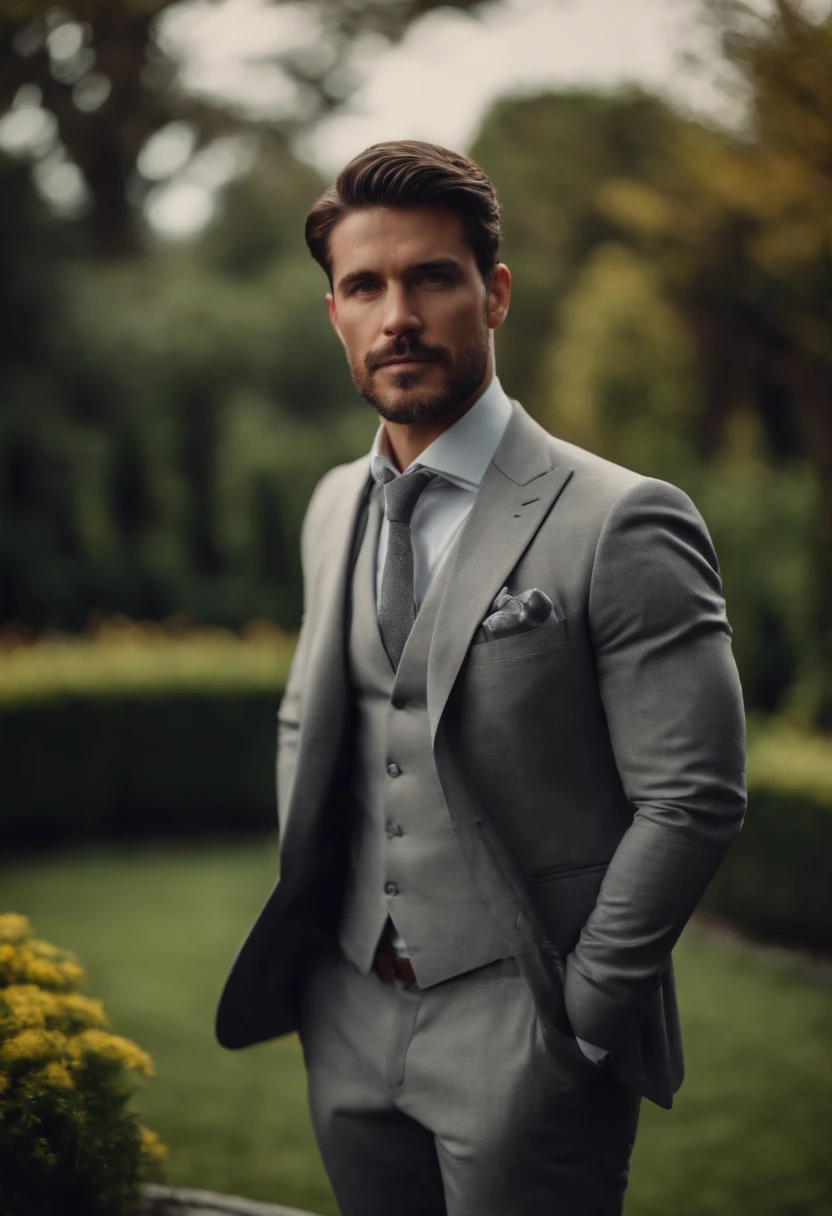 30 year old man wearing gray suit, handsome, portrait, garden background