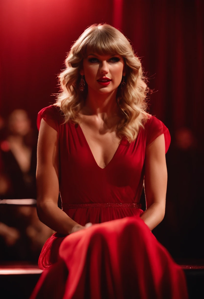 taylor swift sitting down on stage crying in a red dress