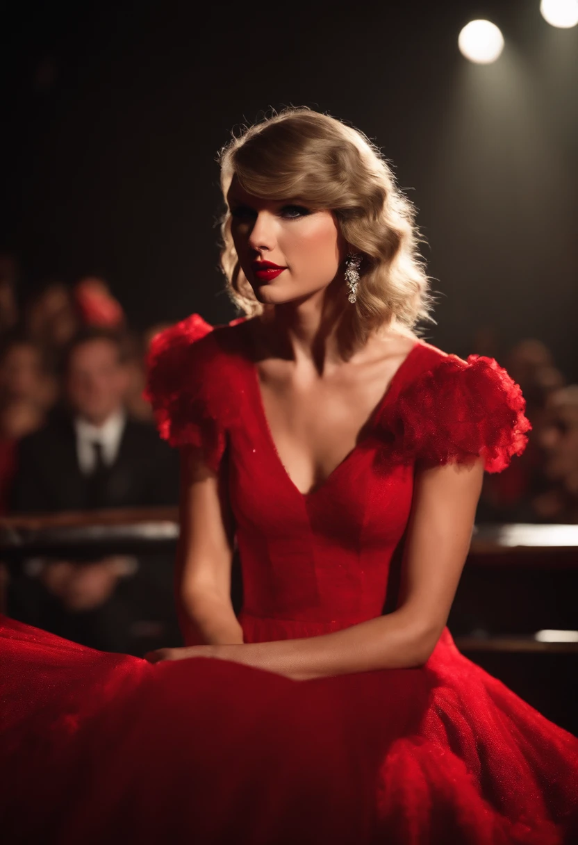 taylor swift sitting down on stage crying in a red dress