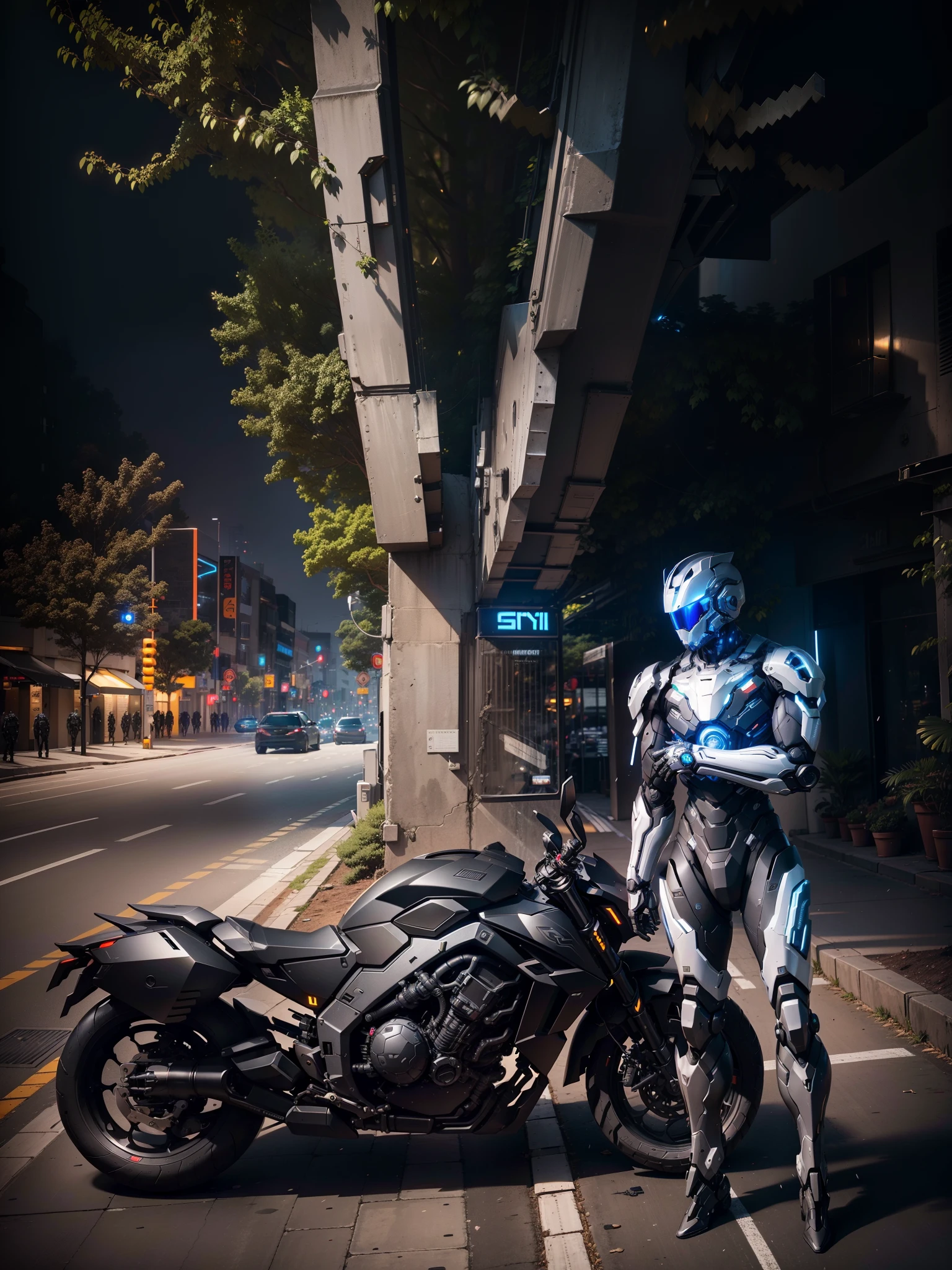 Man, strong full body black mech suit cyberdude warrior, high-tech black full enveloping helmet, black mech suit, Nousr, biomechanics, MSHN robot man, high-tech helmet, surreal, steel, intricate design, crazy details, fine details, extremely clear lines, cinematic lighting, photo realism, detailed masterpiece