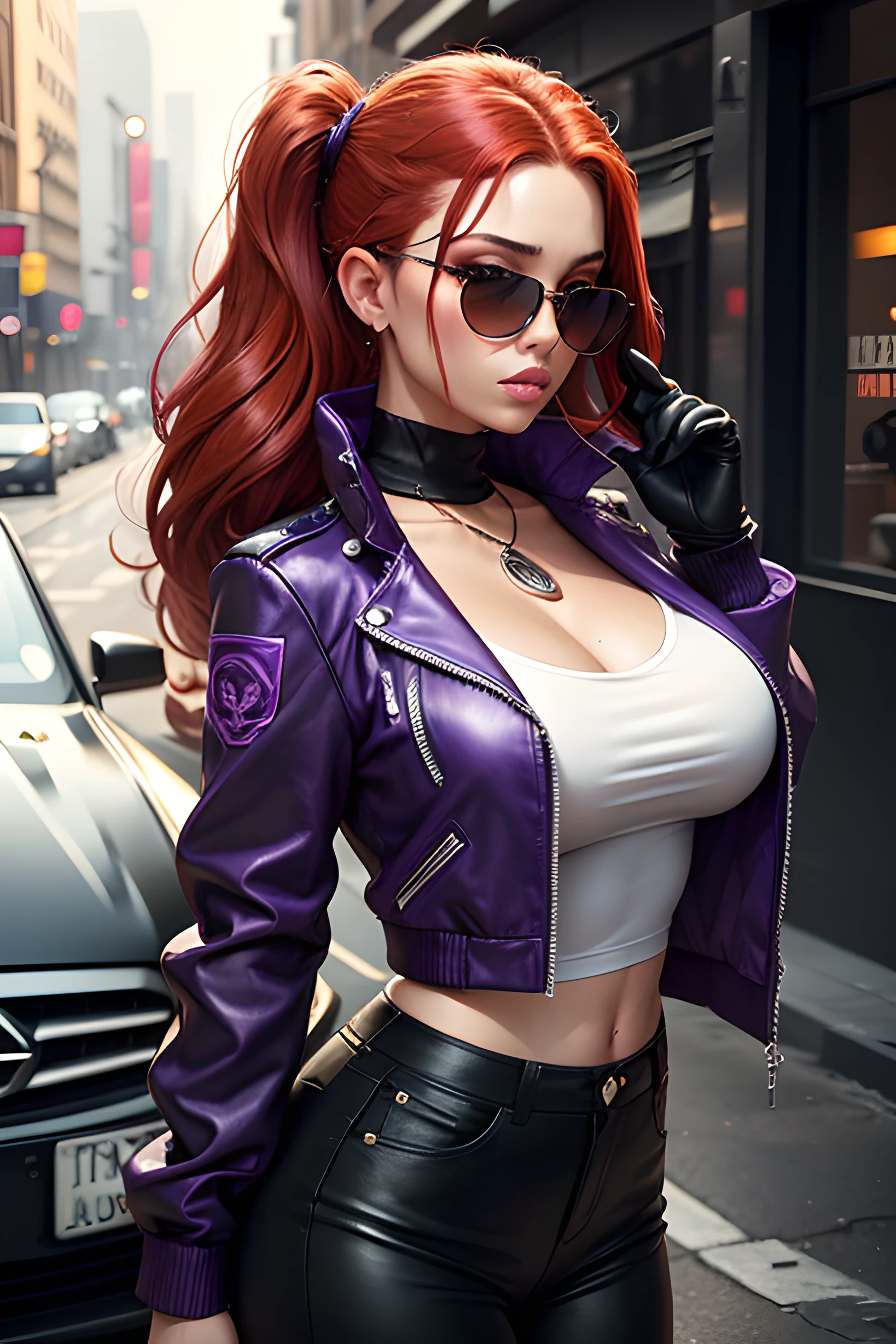 best quality,ultra-detailed,realistic,full body, perfect legs,detailed face,beautiful detailed eyes,beautiful detailed lips,redhead,confident expression,curly long hair,stylized makeup,purple and black color scheme,open leather jacket,(((perfect boobs))),thigh high boots,tattoos,sparkling jewelry,bright neon lights,touching herself,smoky atmosphere,posh bar background,seductive pose,gritty textures