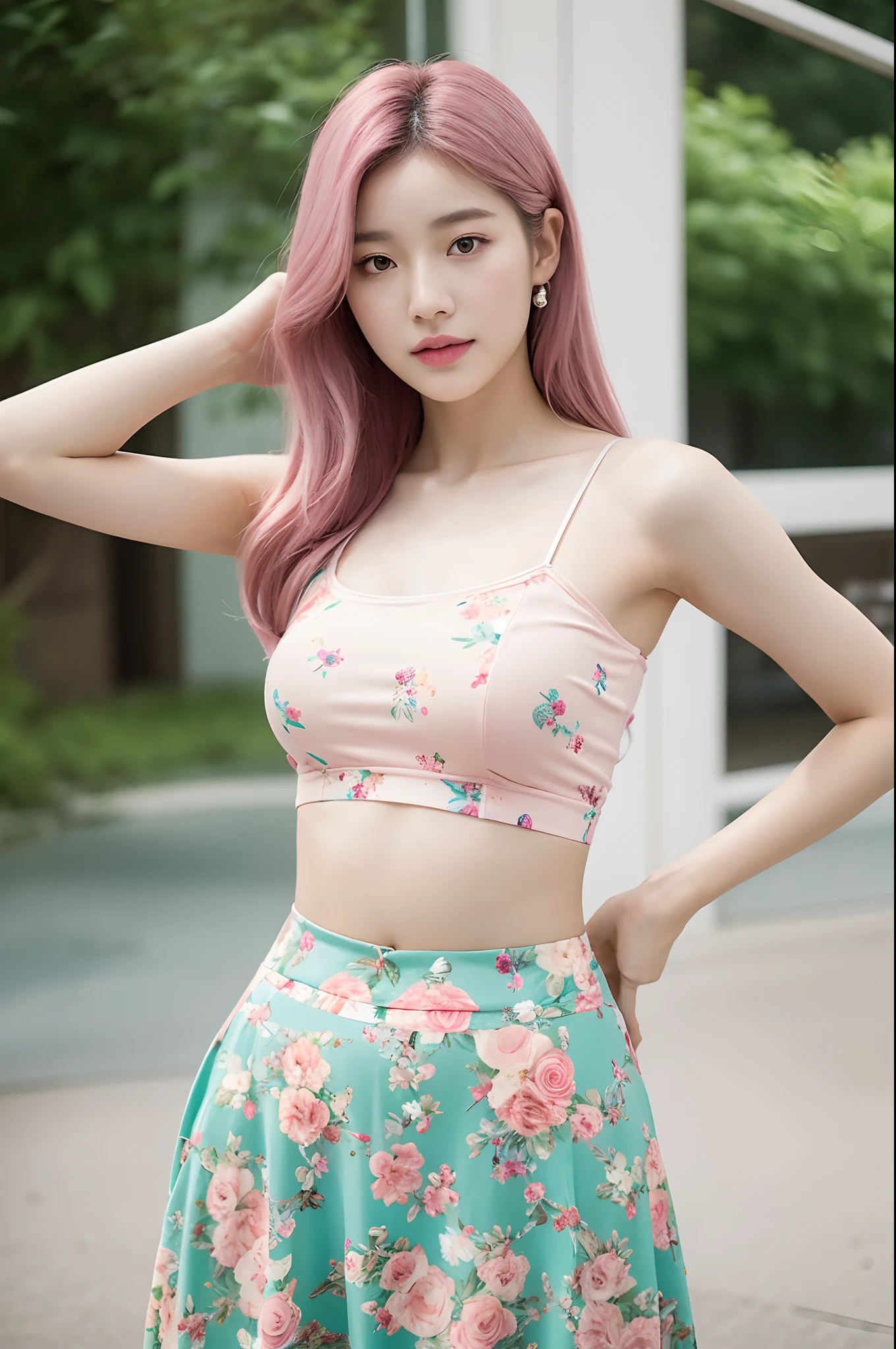 a woman in a floral crop top and mint skirt posing for a picture, croptop, crop top, bralette, wearing white camisole, bae suzy, wearing a camisole, physical : tinyest midriff ever, gorgeous young korean woman, heonhwa choe, cutecore, lulu chen, reluvy5213, light pink hair