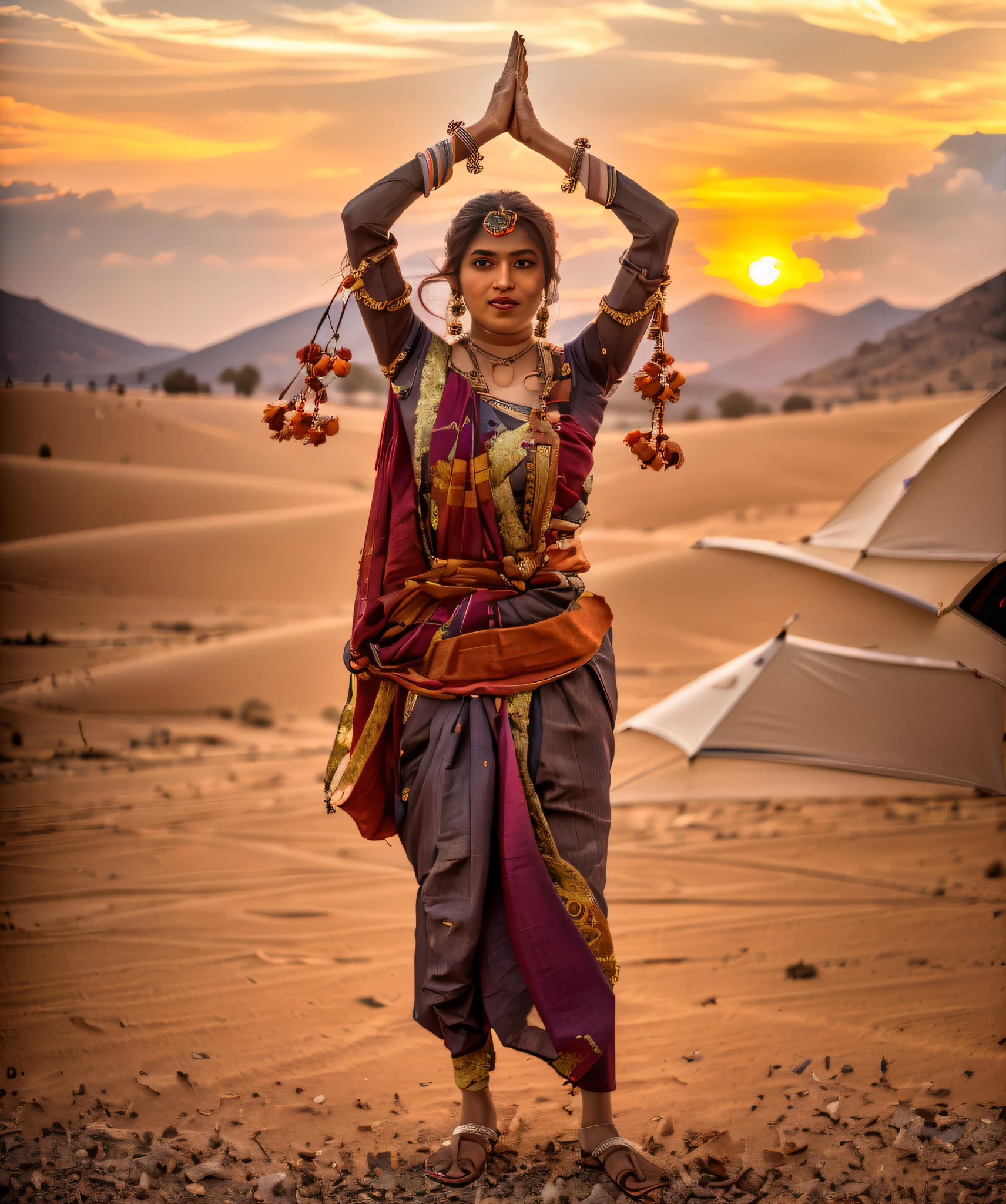arafed Indian girl and wearing saree standing in front of a tent with the sun setting, cinematic. by leng jun, movie still 8 k, shot on canon eos r 5, shot on canon eos r5, great cinematic lighting, matte painting portrait shot, dramatic portraiture of uuen, 8 k movie still, strong cinematic light, in front of burning desert