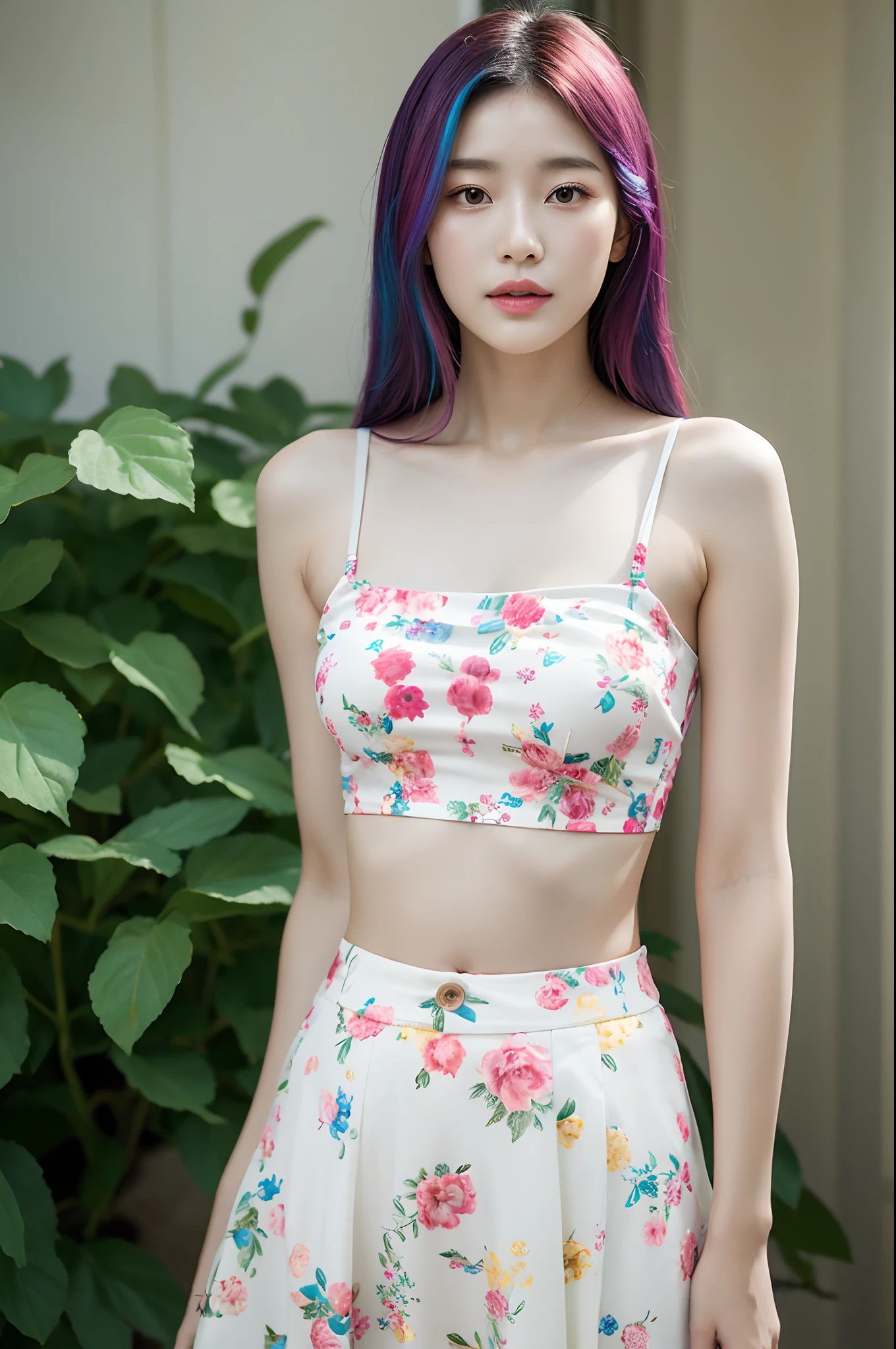 1 girl with red hair in a pigtail, facing the front of the screen, hair with many flowers, white skin, big breasts, big butt, purple short skirt and floral shirt, with angel wings, background Lily garden, standing and posing