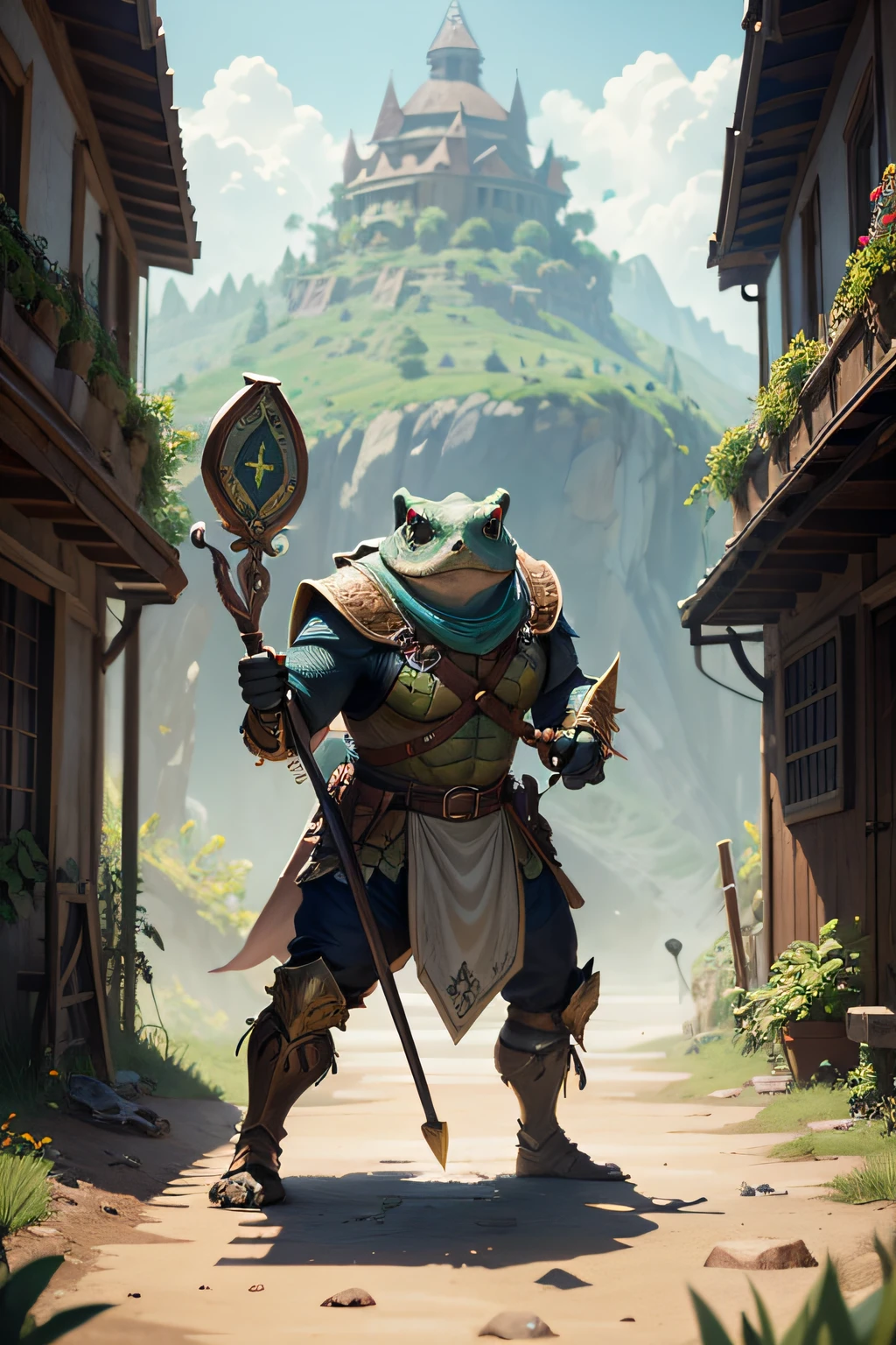 Tortle breed D&d, monge, Staff in hand, atacando