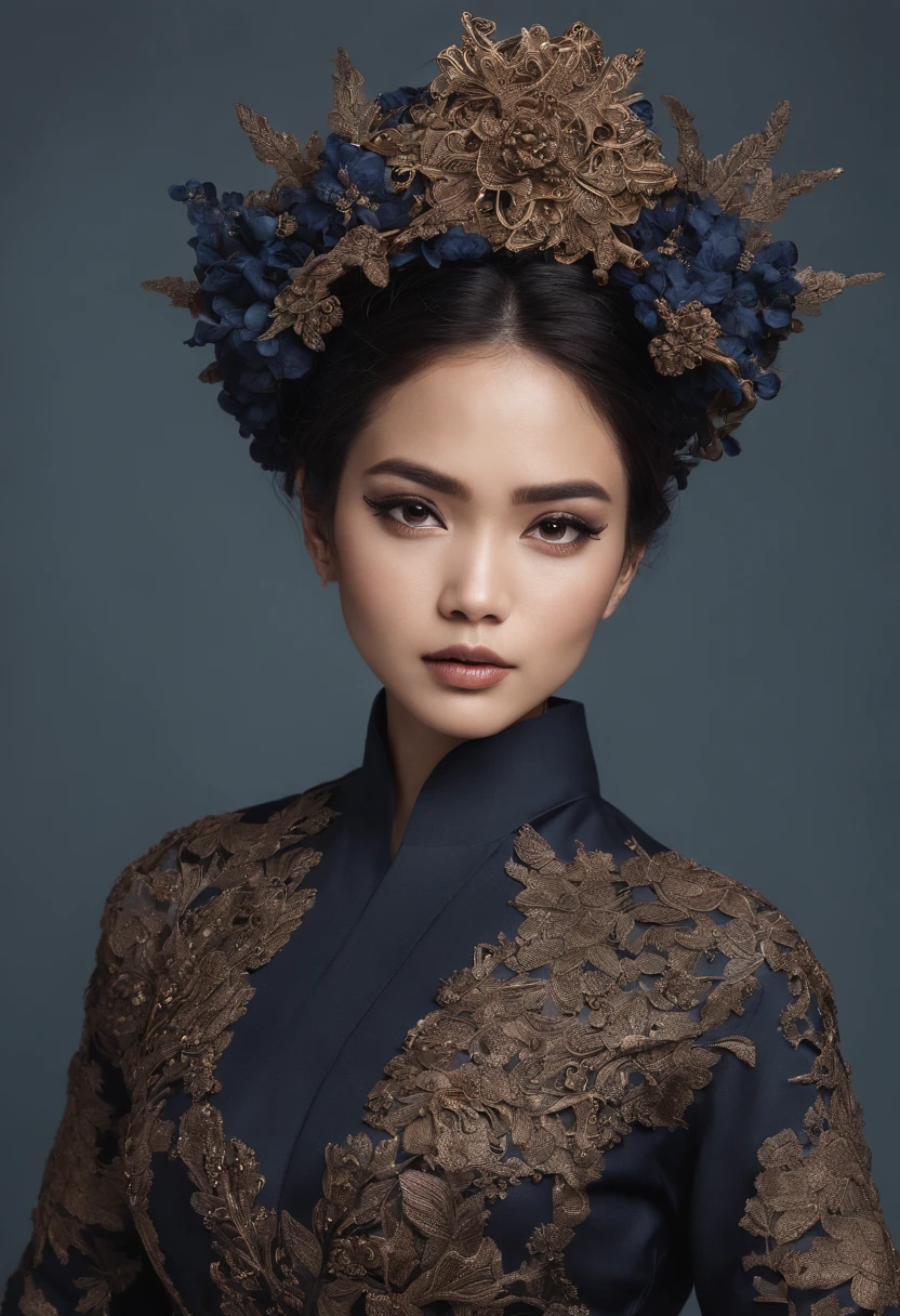 a malay woman is covered with tiny people with various acting in black, in the style of detailed atmospheric portraits, indigo and bronze, made of all of the above, social media portraiture, intricately textured, fragmented, emotive expressions,