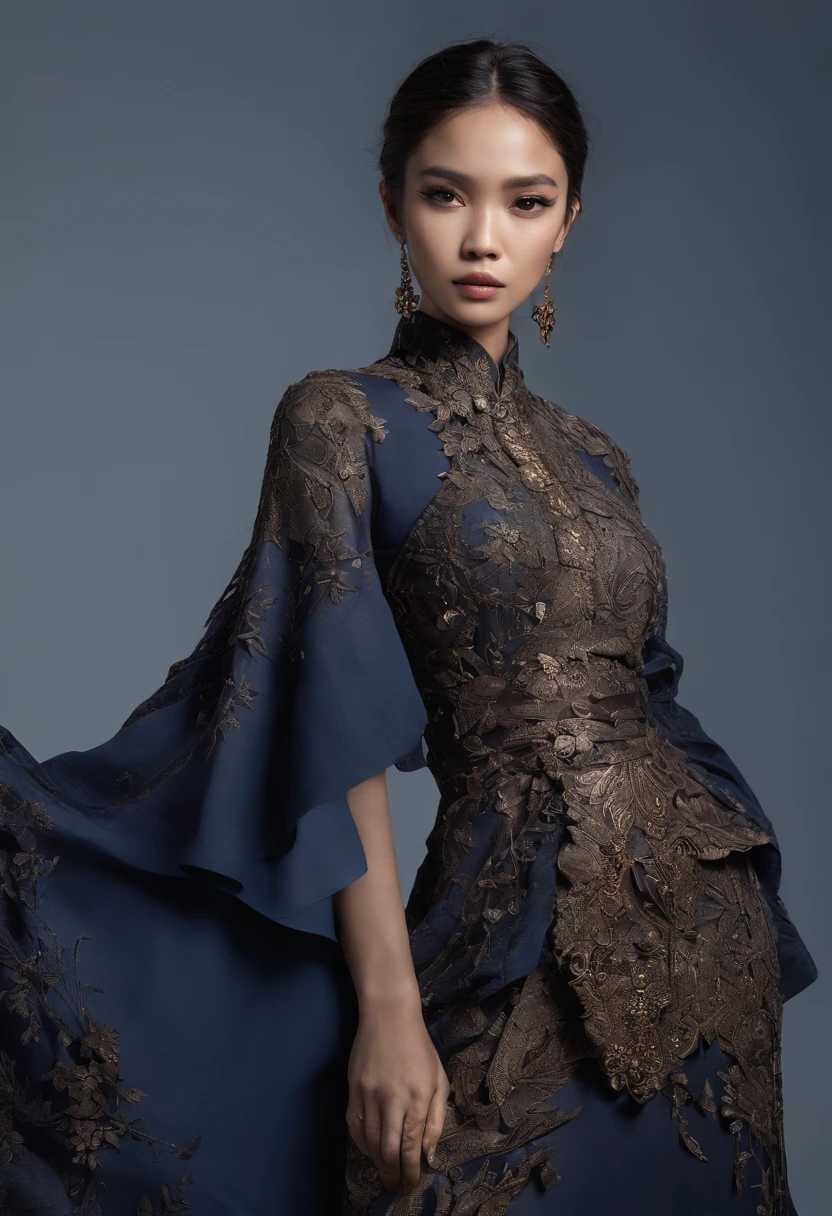 a malay woman is covered with tiny people with various acting in black, in the style of detailed atmospheric portraits, indigo and bronze, made of all of the above, social media portraiture, intricately textured, fragmented, emotive expressions,