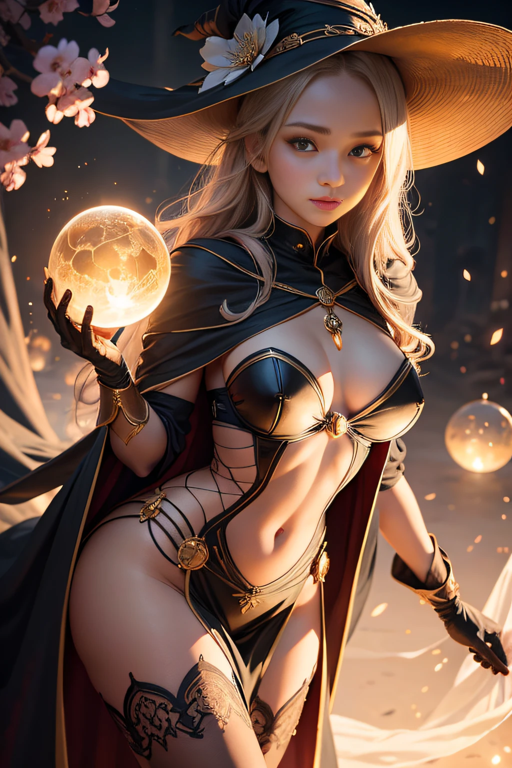 Beautiful young witch girl, Perfect female goddess face, Large breasts, Slender long legs, Girl wearing transparent dress, Detail 8k, Photorealistic style, Sharp focus, Professional lighting, Colorful details, The picture is built on the rule of golden ratio, The girl is holding a large glass ball in her hand, Background - sakura blossoms, Girl standing half-turned, Gloves on her hands