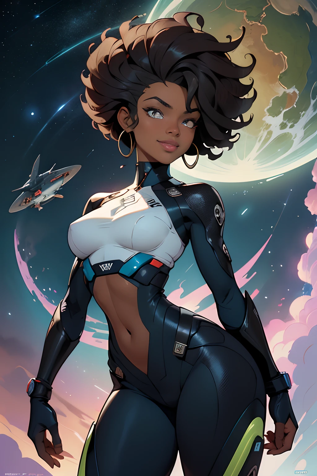 ((Em uma fantasia de vaqueiro futurista)), Corpo inteiro de uma bela mulher afro-americana, com um sorriso malicioso, cabelos pretos extremamente longos e encaracolados, in eye-catching epic costume of S&M, em pose provocante e escandalosa. Botas surradas, vestimenta de couro em miniatura e rasgado, cinto pesado. Estabelecendo tomada POVD. Arte inicial, Cena sombria, atmosfera de sombria, sci fi, futurista