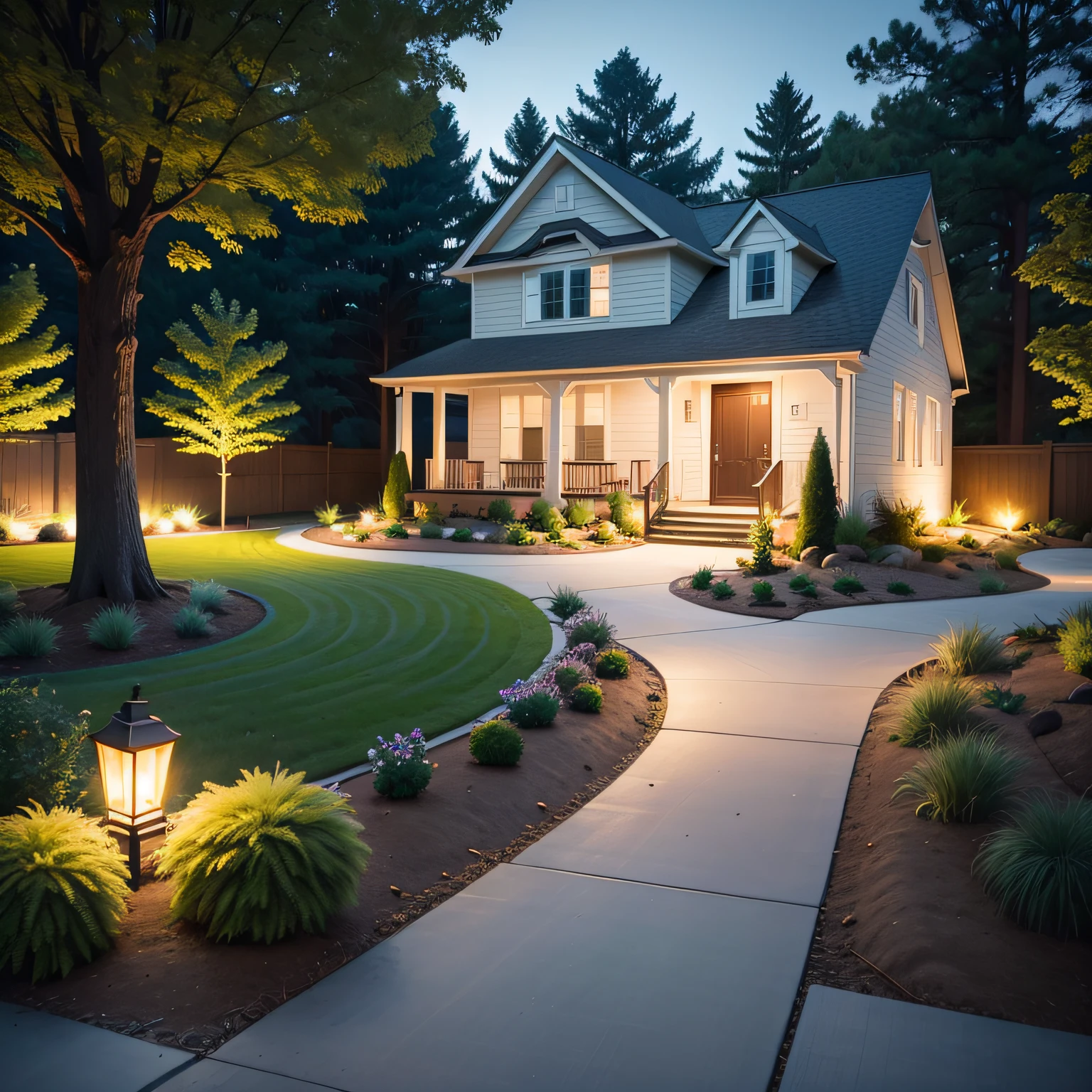 Front yard low maintenance landscape design with Fencing and Outdoor Lighting