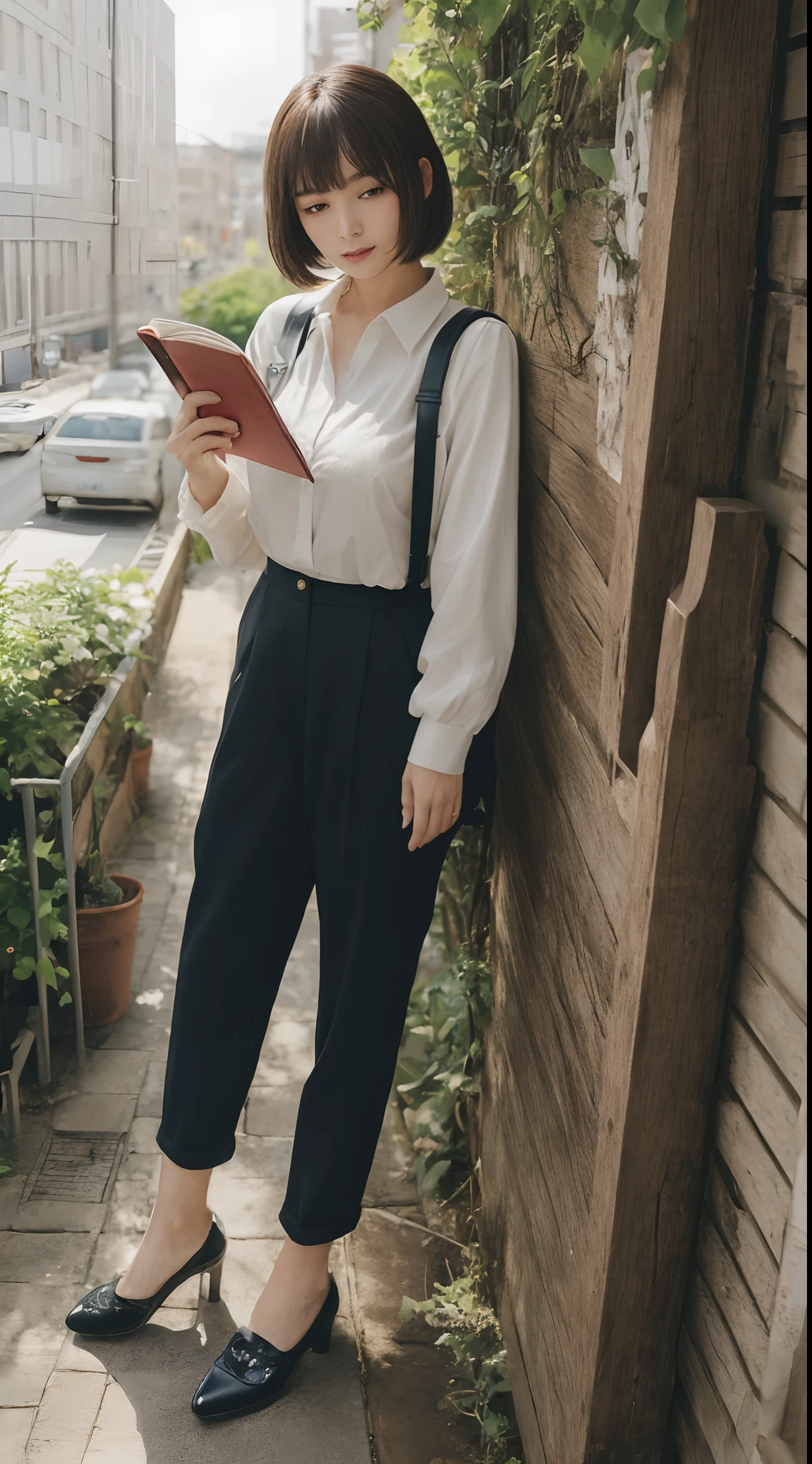 masutepiece、Best Quality、 ultra-detailliert、hight resolution、8K Wallpapers、Perfect dynamic composition,、Beautiful detailed eyes、(Beautiful Large Breasts:1.3)、27-year-old beauty、top-quality、Beautuful Women、Brown hair、Pattsun bangs、bob cuts、a small face、black business jacket、Black Business Pants、Colossal tits、Chest protruding greatly from the shirt,、A slender、slender body with large breasts,,,,,、Leather Heel Shoes、up chest、Rooftop of an urban building、Holding a book in your right hand、Beautiful woman reading a book、The left hand puts his hand in the pocket of his pants、The beauty of looking at books、sunlight from sky、Silence、Transcendental tranquility、Super detailed illustration、extra detailed face、Raw photography、film grains、Deviantart Trends、