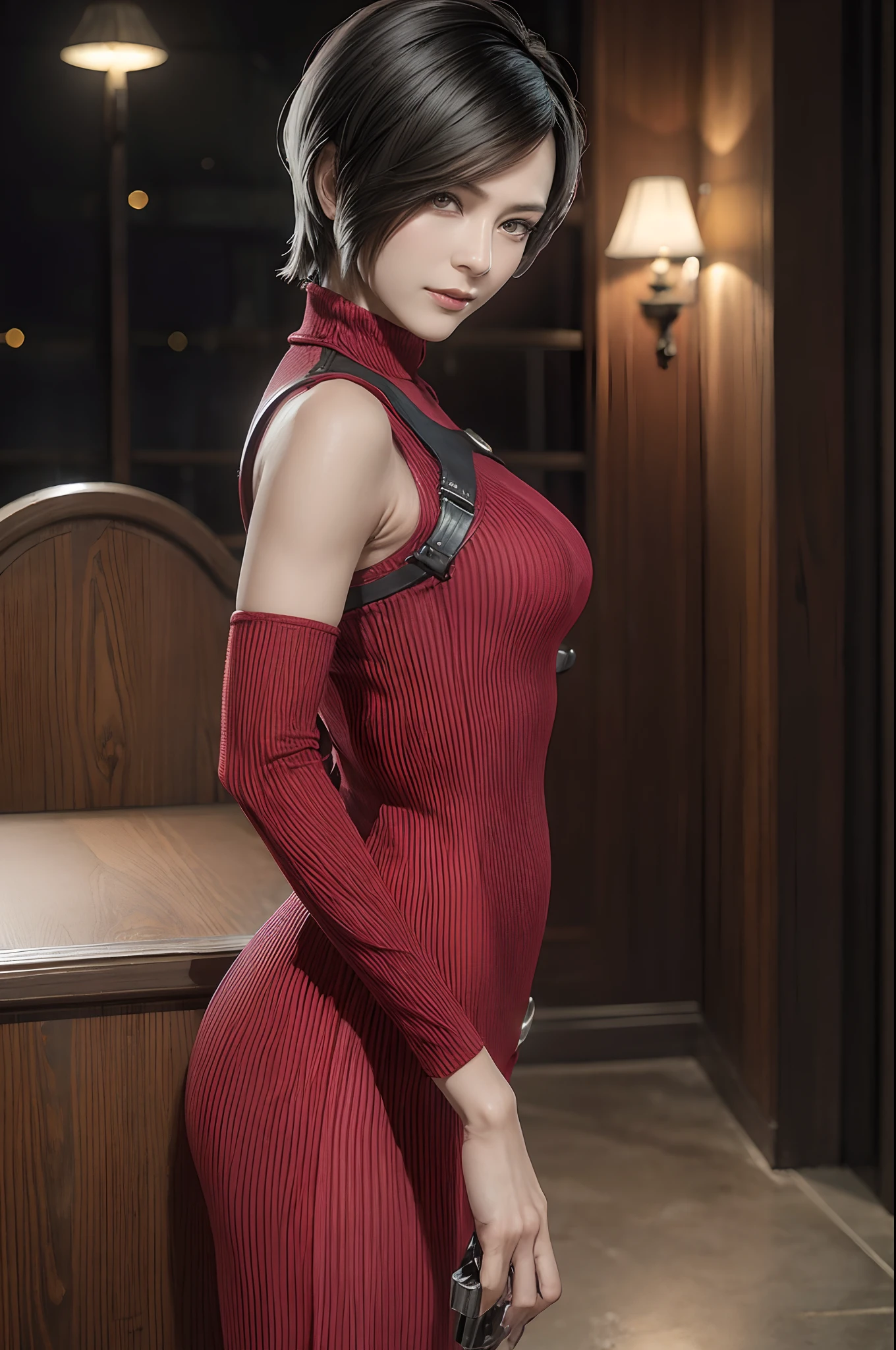 1 rapariga， 独奏， Ada Wong in Resident Evil 4 Remake， short detailed hair， brunette color hair， Red cheongsam， Short-sleeved shirt， Nero， nedium breasts， upper limbs， hindquarters， Black heels， Adriana's face， Find your audience， sly smile， A pistol was hung on her waist， best qualtiy， hight resolution：1.2， 18th century village in the background， Shadowing， Nightmare， rays of moonlight， Upper body photography， Low camera angle、depth of fields、center focused