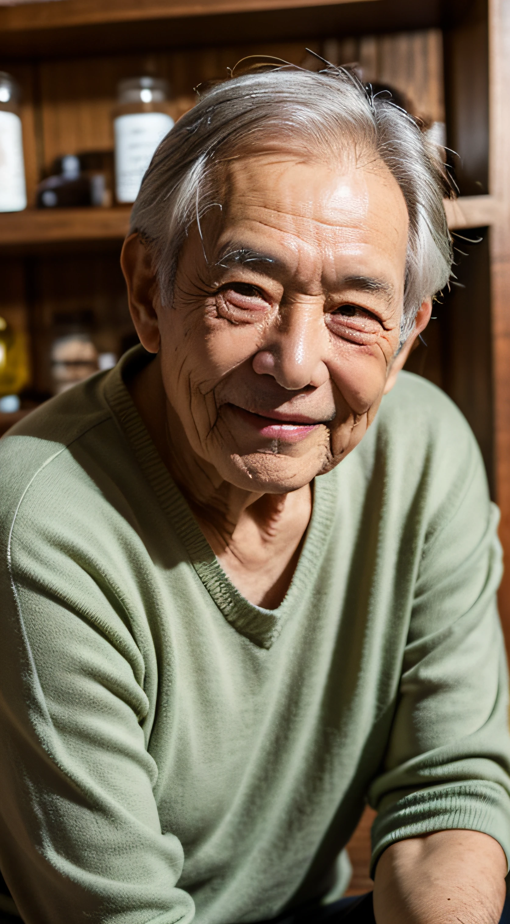 An ethnic old man sitting in the herbal medicine room looked straight at the camera and smiled brightly with a beautiful face