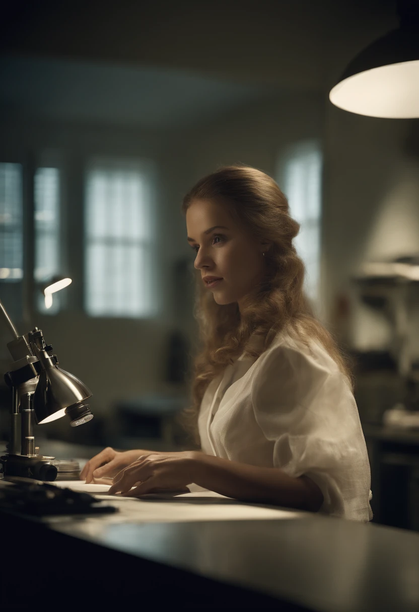 Woman in the laboratory with documents in formal costume