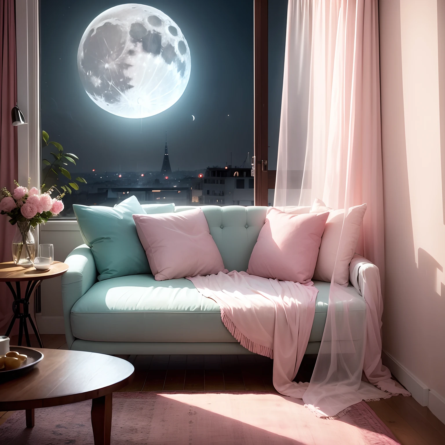 a room Sheer curtains The moon seen from the window A light Pink table Sweet sofa Mint color wallpaper