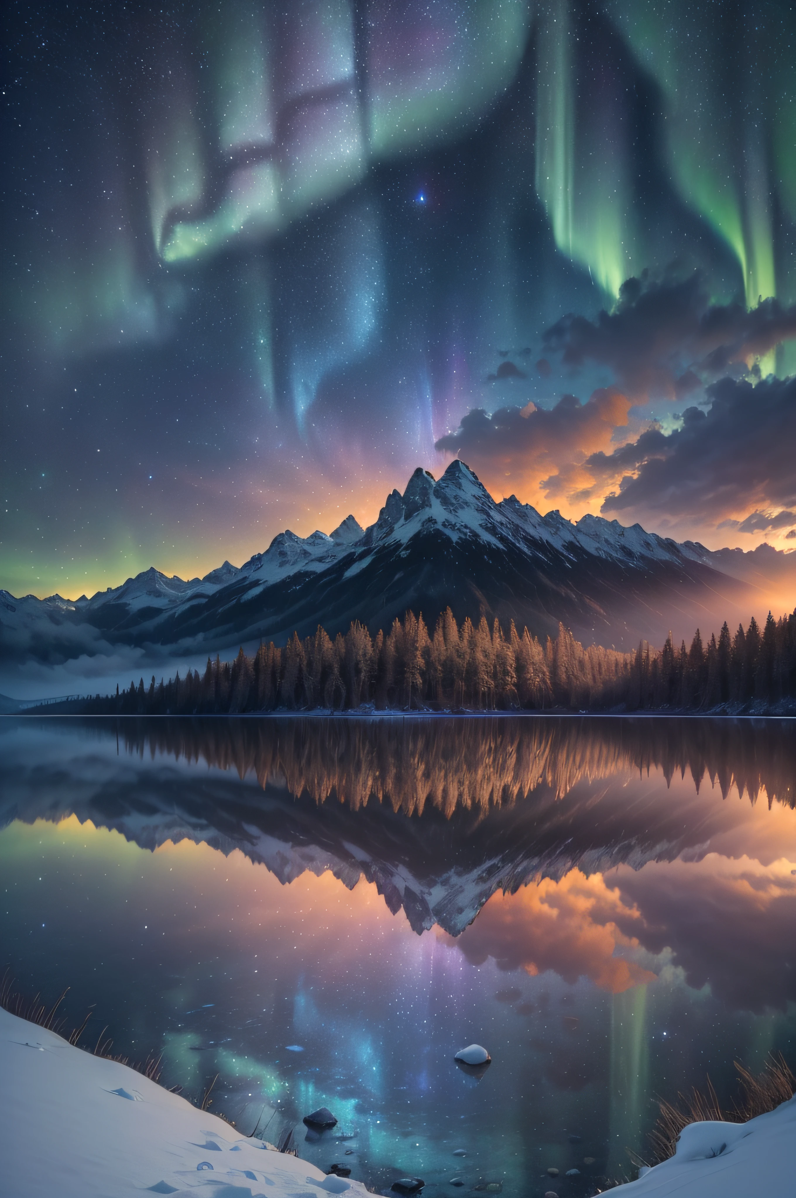 (best quality,4k,8k,highres,masterpiece:1.2),ultra-detailed,(realistic,photorealistic,photo-realistic:1.37),vibrant colors,ethereal atmosphere,gorgeous sky,Aurora Borealis,dancing lights,majestic mountains,reflecting in calm waters,twinkling stars,snow-covered trees,silent winter night,otherworldly beauty,northern lights,luminous spectacle,spectacular display,natural wonder,magical phenomenon,tranquil setting,cosmic inspiration,awe-inspiring scene,romantic ambiance,captivating landscape,mesmerizing colors,celestial show,awe-inspiring palette,eerie glow,enchanted forest,serene and surreal,mystical atmosphere,celestial lights,peaceful and serene,serenity and tranquility,nature's artistry