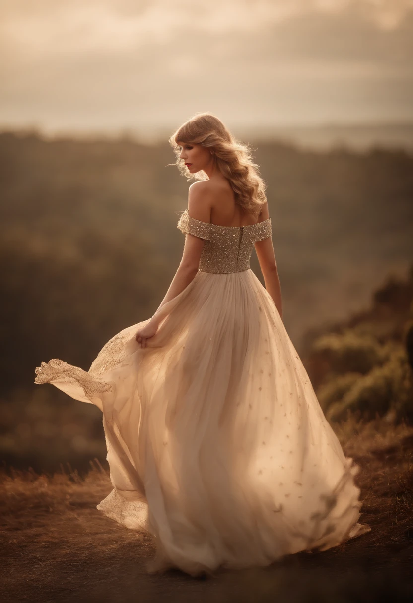 taylor swift in a crown and a beautiful dress that flows and billows in the wind on stage.
