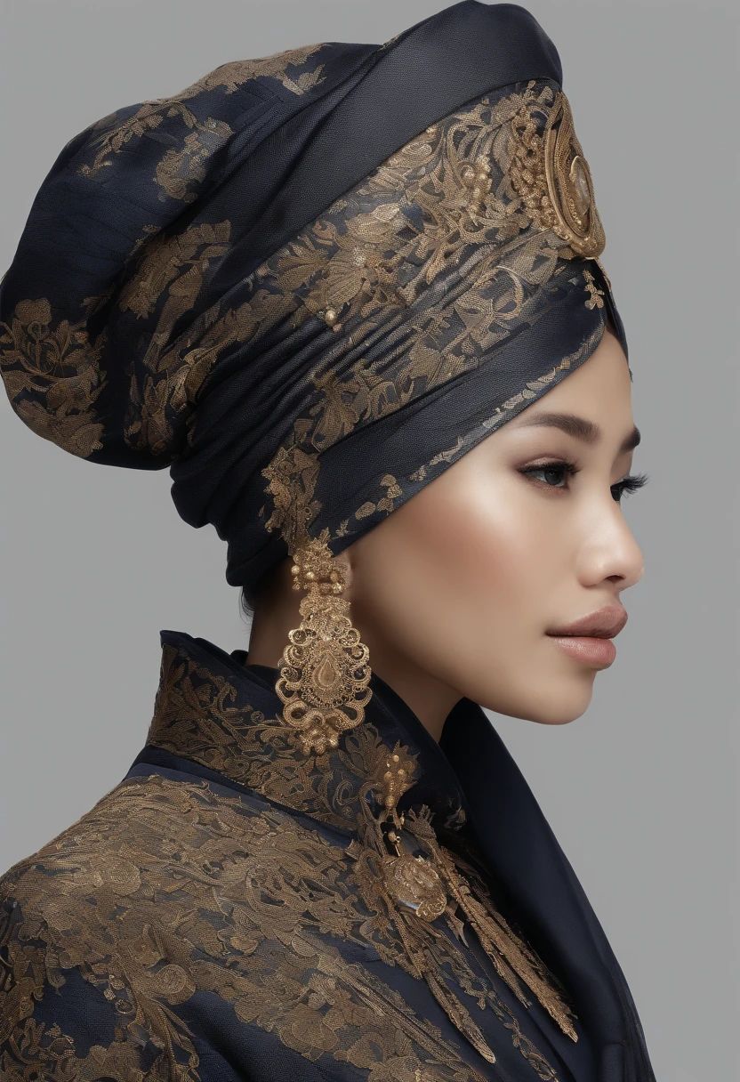 a malay woman is covered with tiny people with various acting in black, in the style of detailed atmospheric portraits, indigo and bronze, made of all of the above, social media portraiture, intricately textured, fragmented, emotive expressions,