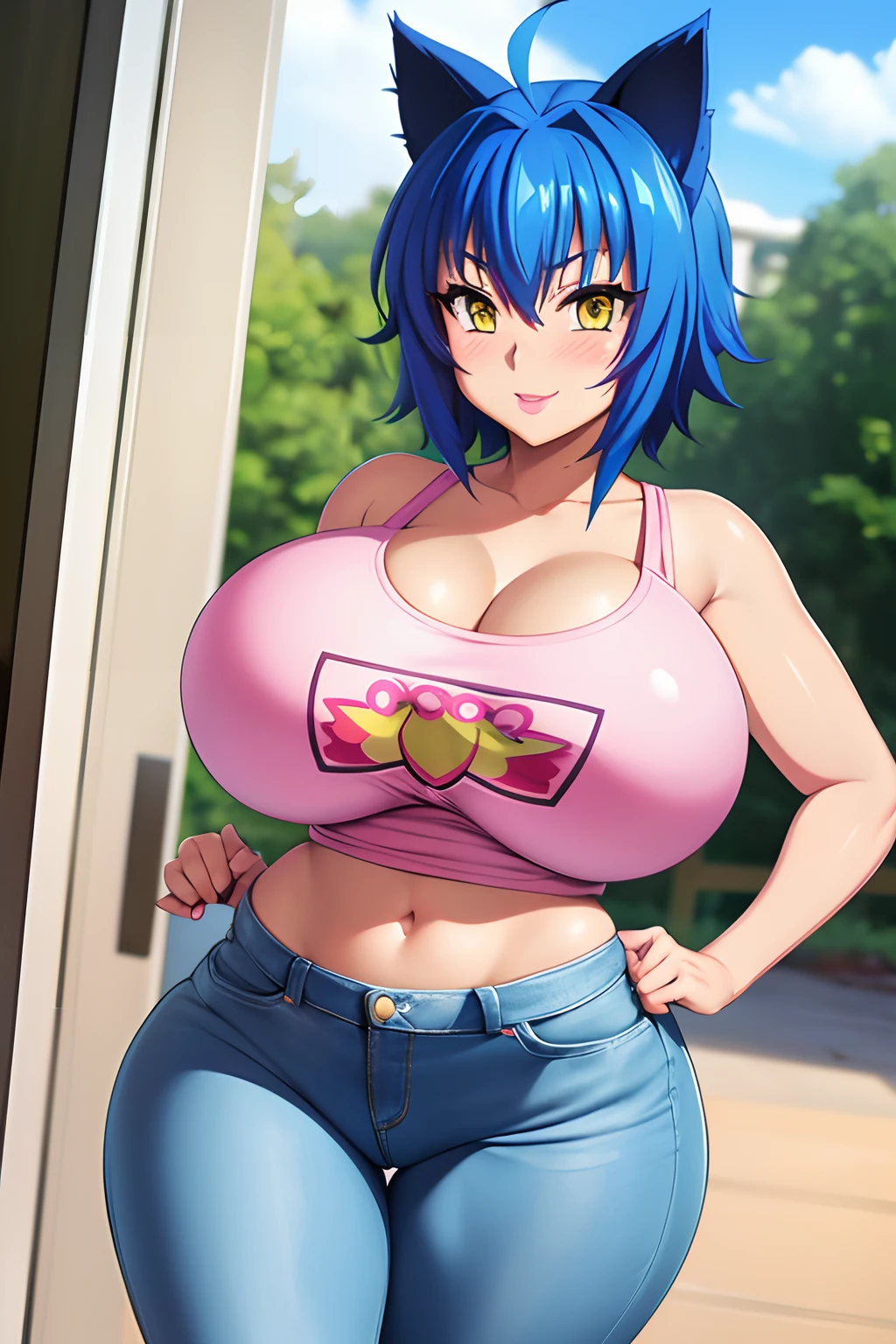 Highschool dxd, Xenovia, 1 girl, (((bimbo))), short blue hair, yellow eyes, puffy lips, painted lips, thick lips, cat ears, wide hips, thick thighs, huge ass, erotic Smile face, blushing, embarrassed, bubble butt, camel toe, Breasts, white jeans, pink top, posing,