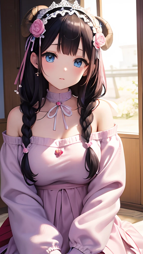 Tiara on the head、、18year old、A dark-haired、japanes、Knitted clothes、Pink knitted off shoulder dress、White lace bracelet on arm、Sheep piercing、Longhaire、Braids、White sheep bag、Blue eyes、embarassed face、top-quality, ​masterpiece, 超A high resolution、Pink Room、Draw eyes in detail、flowers around